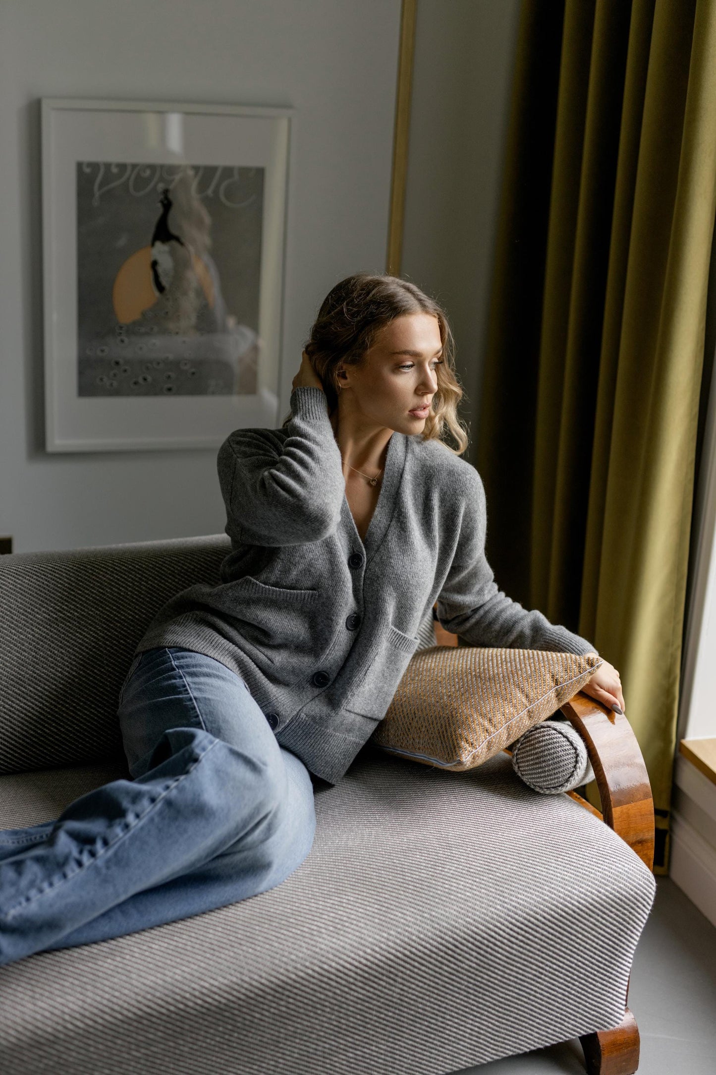 Gray Knitted Merino Wool Cardigan With Buttons And Pockets, Grey Knit Buttoned Woolen Sweater For Women, V-neck Slightly Oversized Sweater