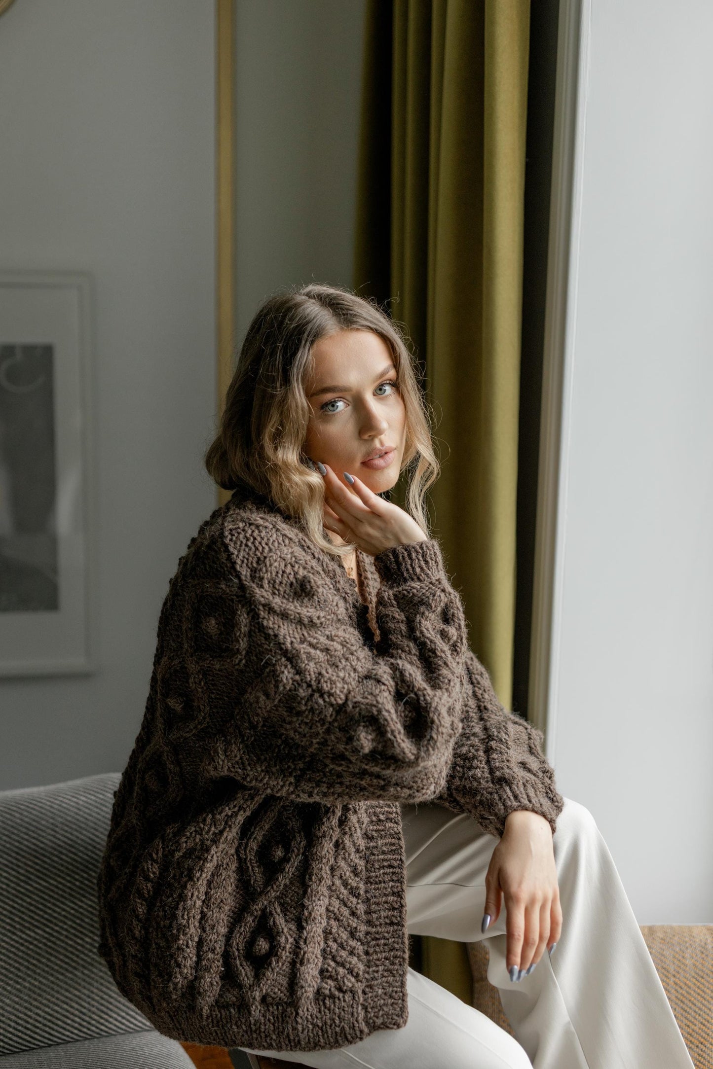 Brown Chunky Knit Oversized Alpaca Cardigan, Cable Knit Women's Jacket, Irish Sweater For Woman, Fair Isle Handmade Wool Cardigan, Gift