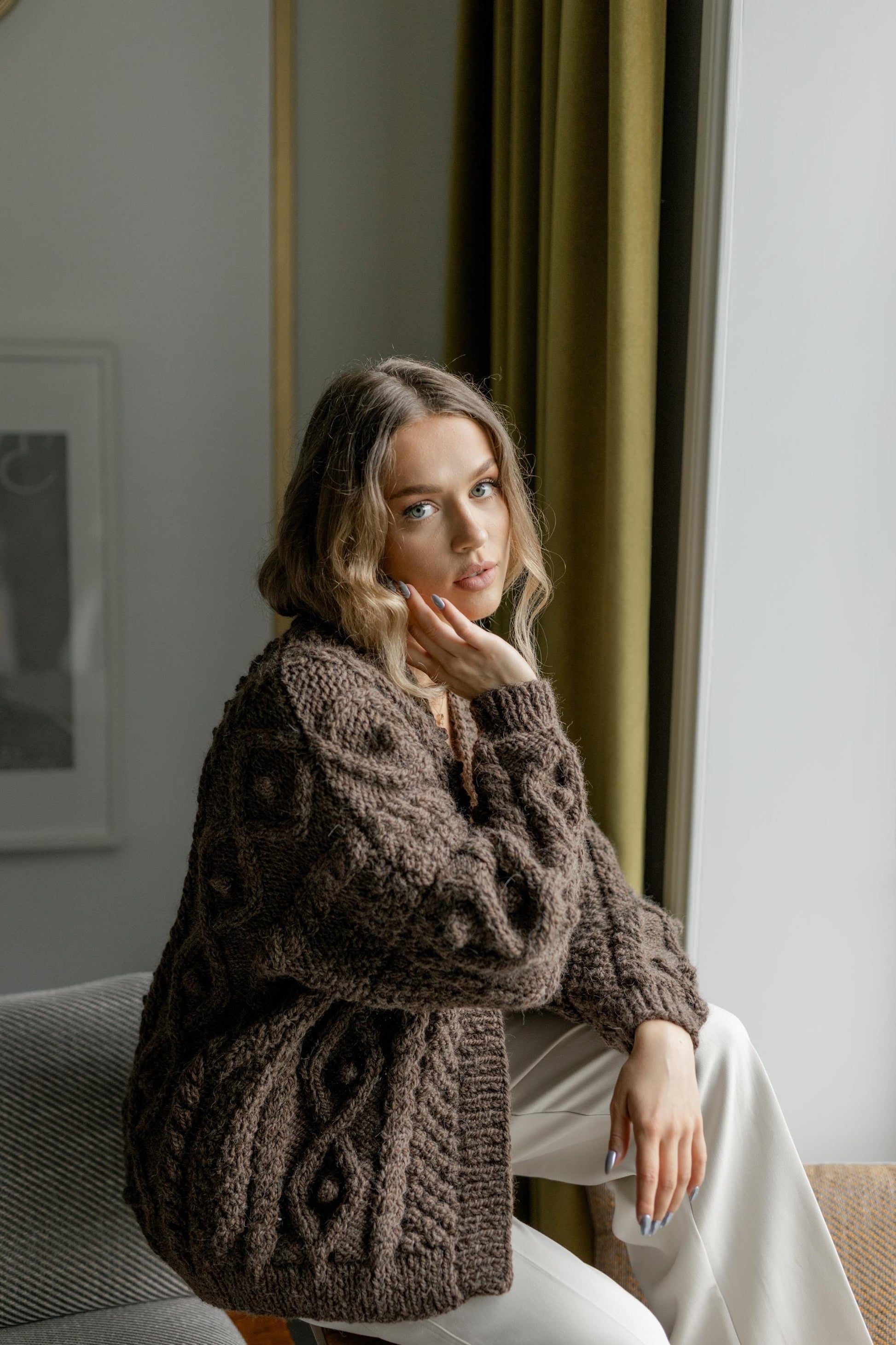 Brown Chunky Knit Oversized Alpaca Cardigan, Cable Knit Women's Jacket, Irish Sweater For Woman, Fair Isle Handmade Wool Cardigan, Gift