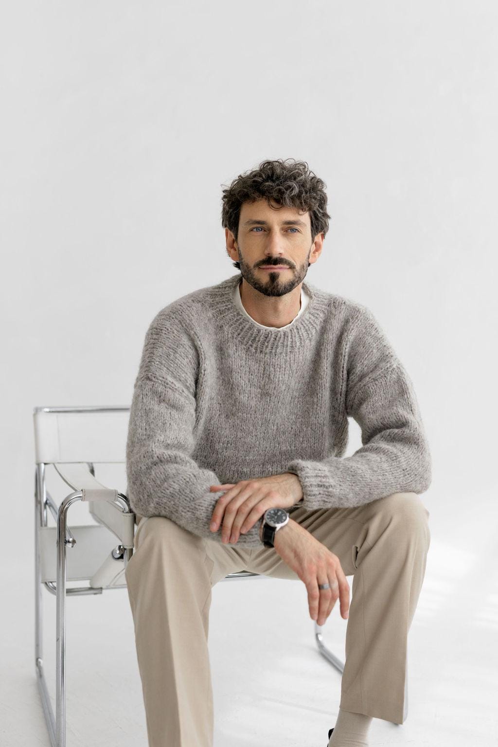 Chunky knit light gray alpaca wool sweater for men, grey cable knitted men's jumper, handmade thick winter minimalist pullover, gift for man