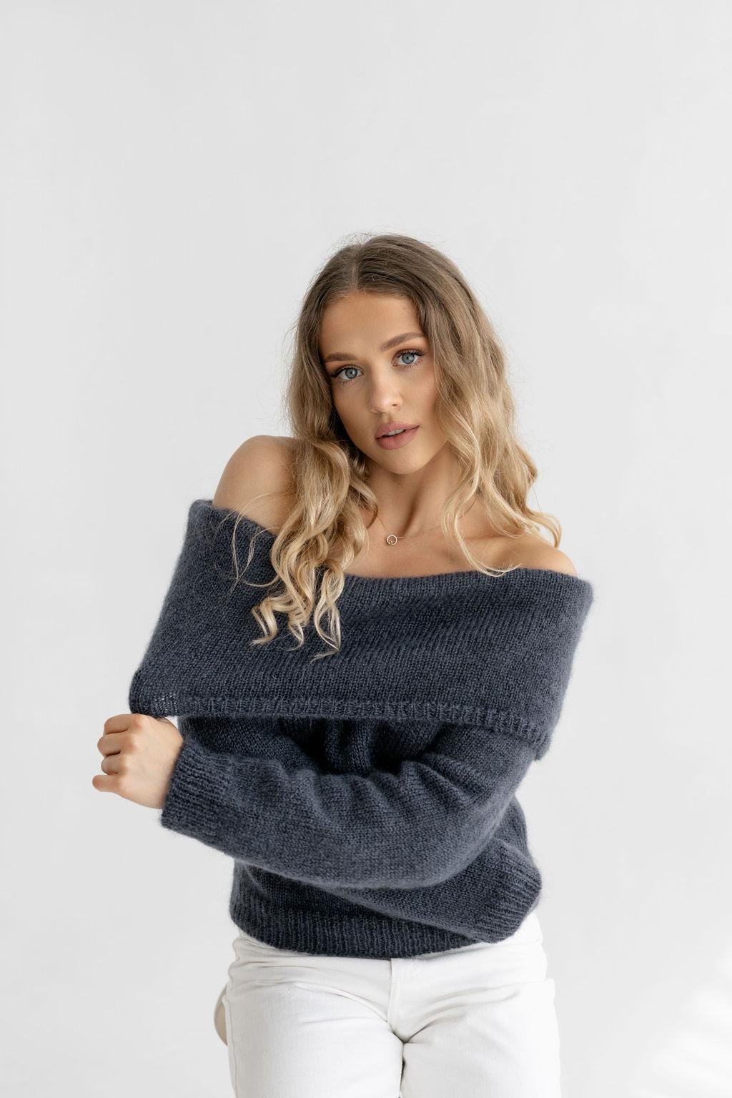 Gray Cable Knit Off-Shoulder Sweater – Slouchy Fold-Over Bardot Jumper, Fluffy Mohair Wool Pullover, Grey Chunky Fuzzy Knit for Women