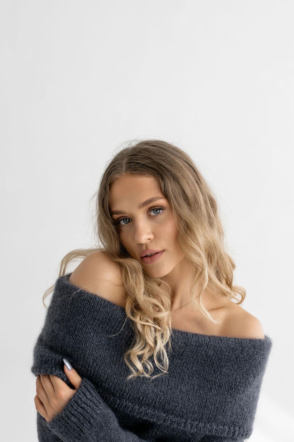 Gray Cable Knit Off-Shoulder Sweater – Slouchy Fold-Over Bardot Jumper, Fluffy Mohair Wool Pullover, Grey Chunky Fuzzy Knit for Women