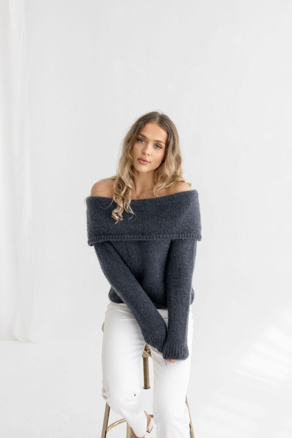 Pink Cable Knit Off-Shoulder Sweater Slouchy Fold-Over Bardot Jumper, Fluffy Mohair Wool Pullover, Pastel Chunky Fuzzy Knit for Women