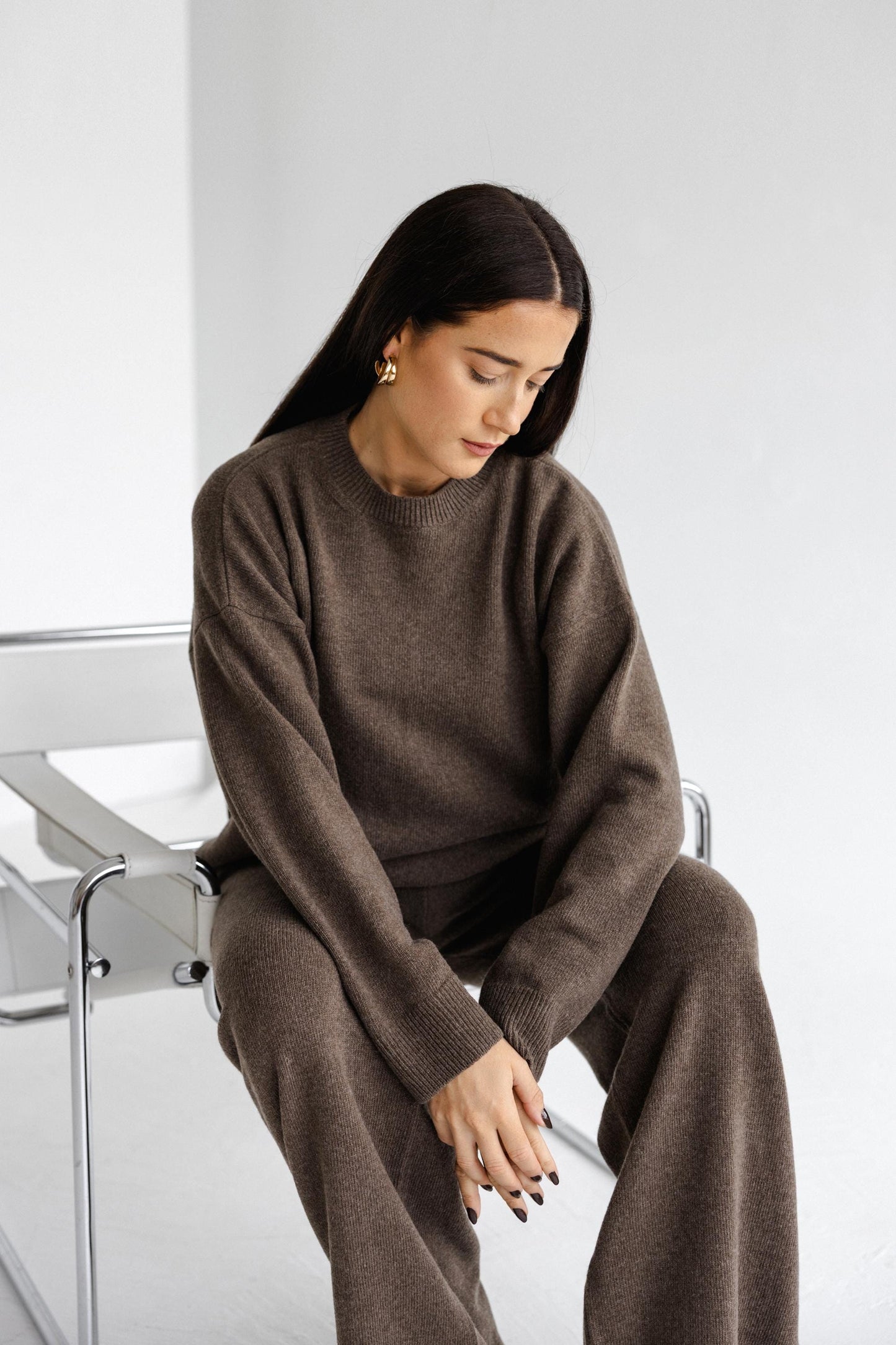 Brown knitted oversized merino wool sweater and high waisted pants loungewear set, knit relaxed style pullover and wide leg trousers set