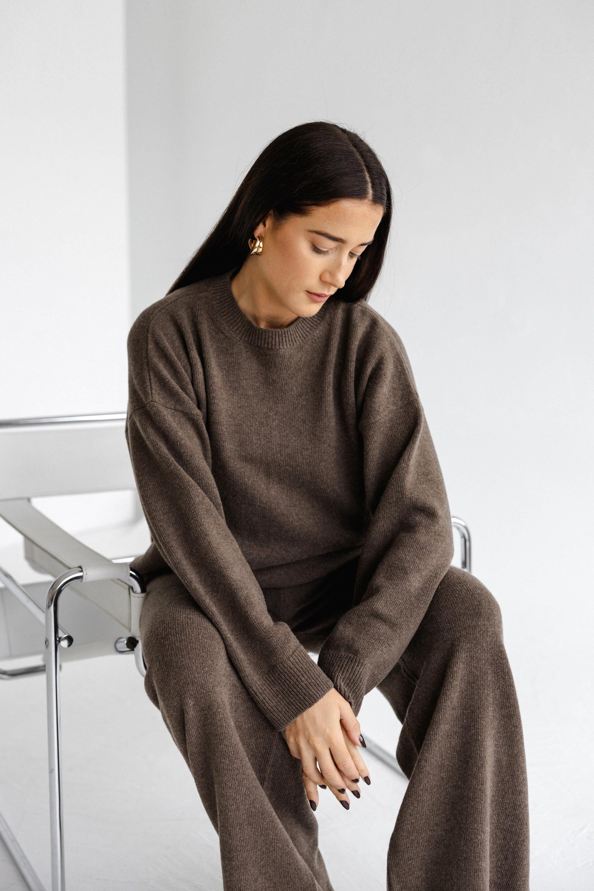 Brown Knitted High Waist Merino Wool Pants, Lougewear Relaxed Minimal Style Knit Wide Leg Women's Trousers, Petite And Tall Options Availabe