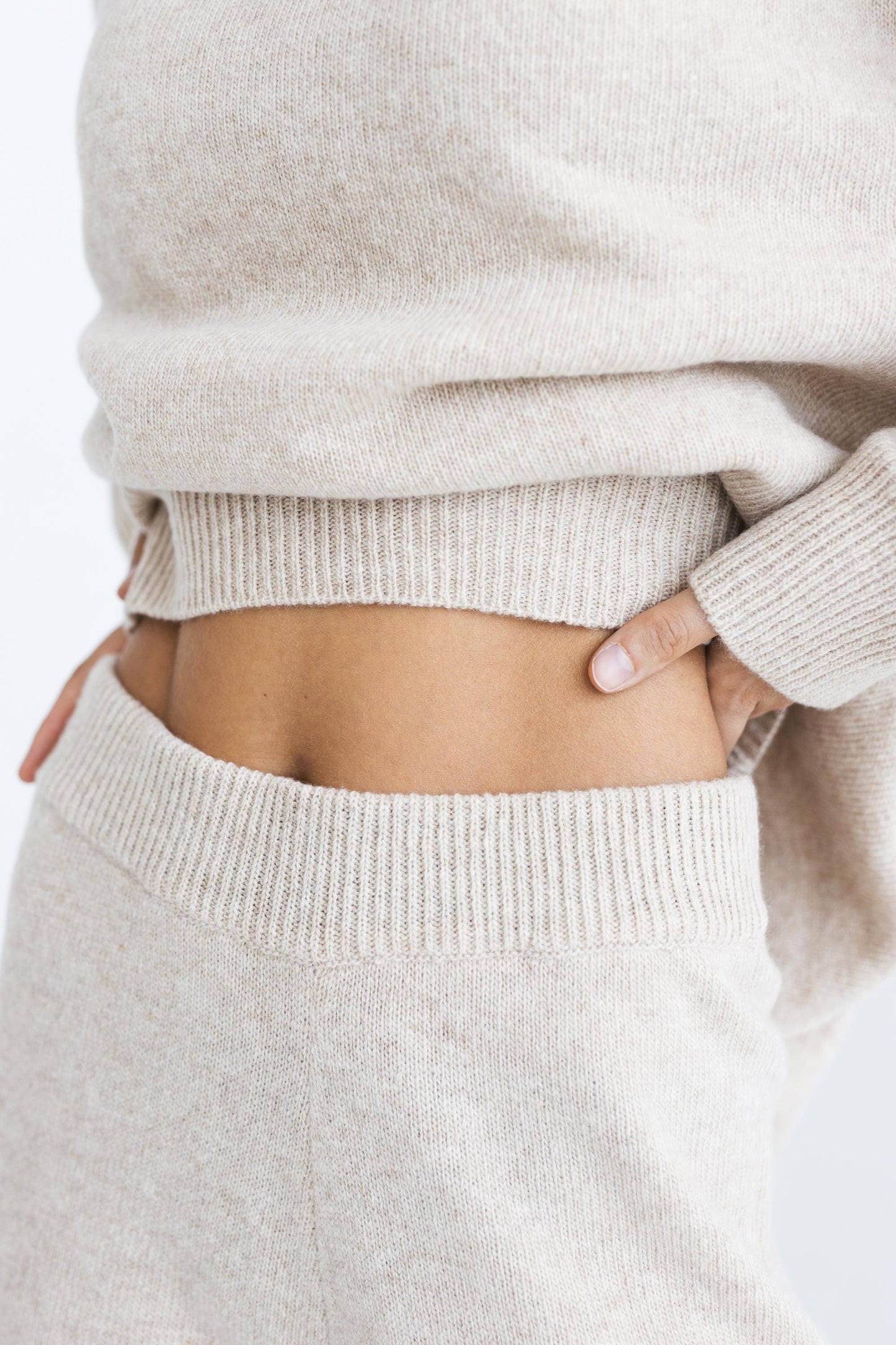 Gray knitted merino wool sweater and trousers set for women, light grey women's knit minimal lounge pullover and pants, camel loungewear