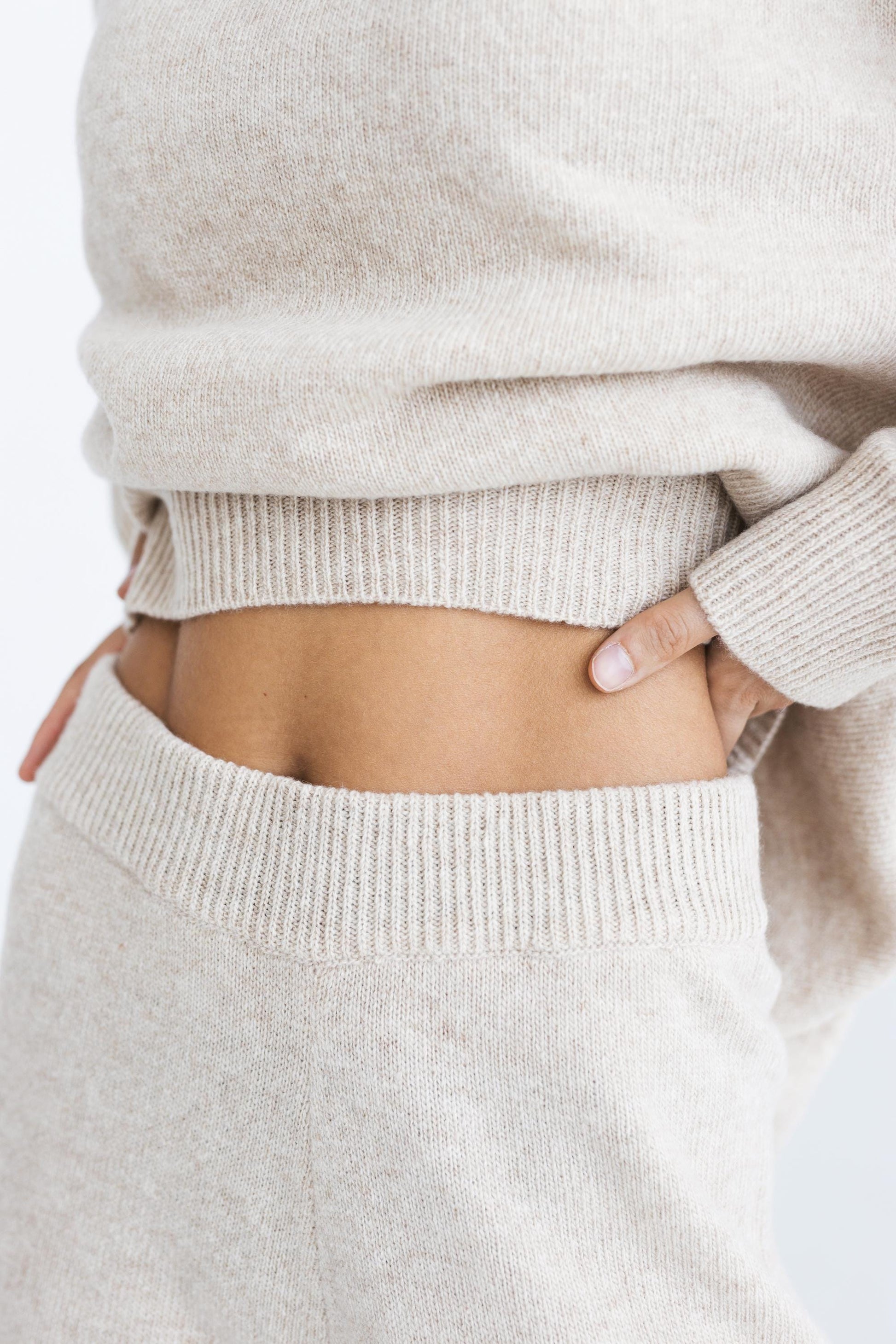 Gray knitted merino wool sweater and trousers set for women, light grey women's knit minimal lounge pullover and pants, camel loungewear