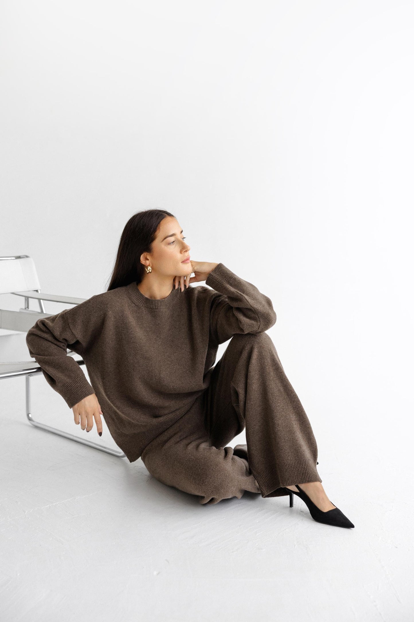 Gray loungewear knitted merino wool wide leg pants for women, grey lounge petite and tall knit high waisted women's trousers, relaxed fit
