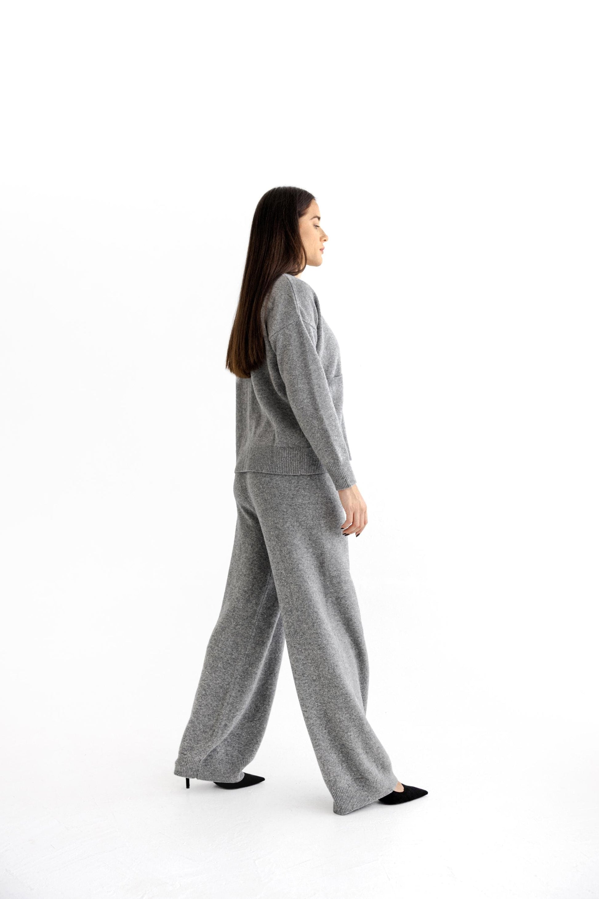 Gray loungewear knitted merino wool wide leg pants for women, grey lounge petite and tall knit high waisted women's trousers, relaxed fit