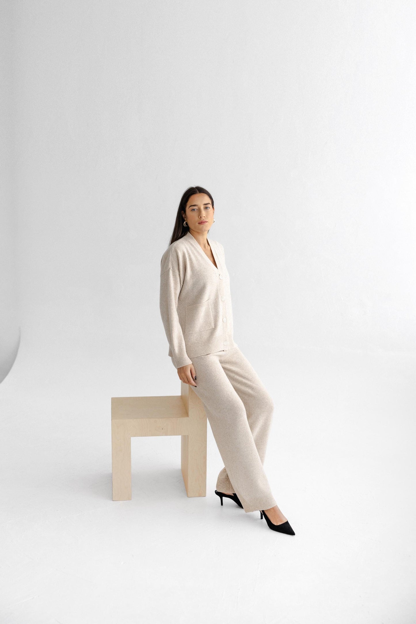 Gray Knitted Merino Wool Cardigan And Trousers Set