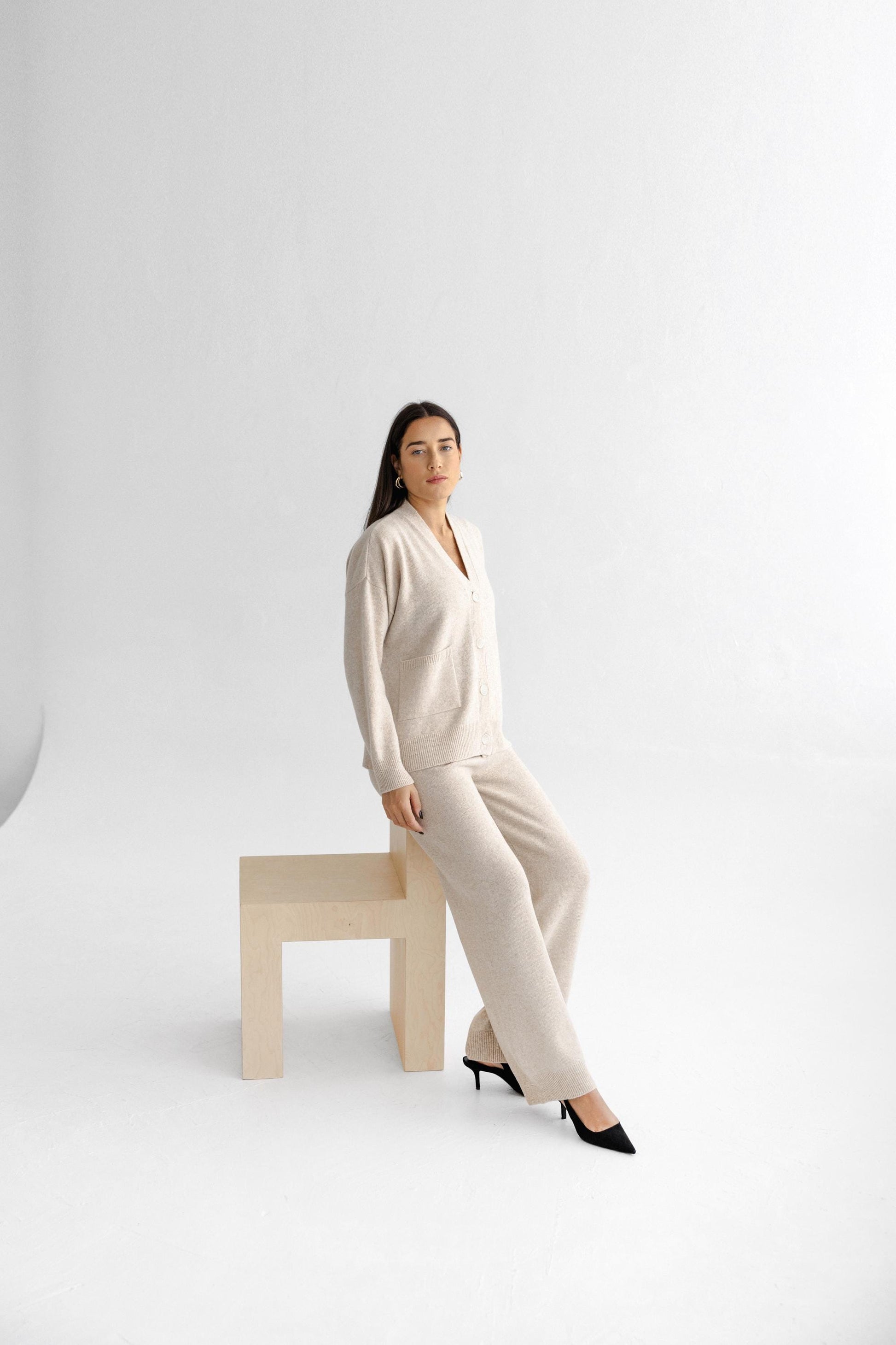 Gray Knitted Merino Wool Cardigan And Trousers Set