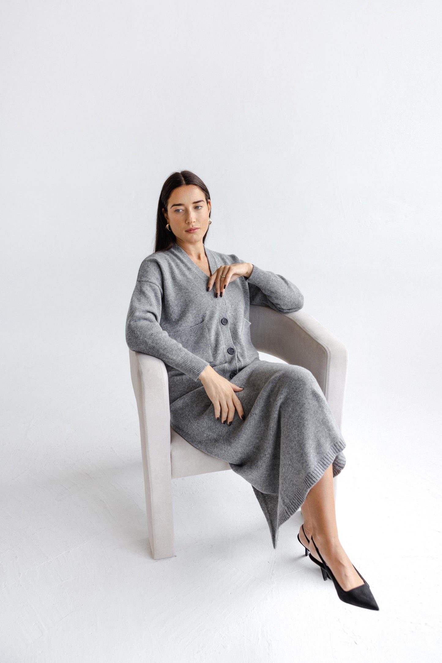 Gray Knitted Merino Wool Cardigan With Buttons And Pockets, Grey Knit Buttoned Woolen Sweater For Women, V-neck Slightly Oversized Sweater