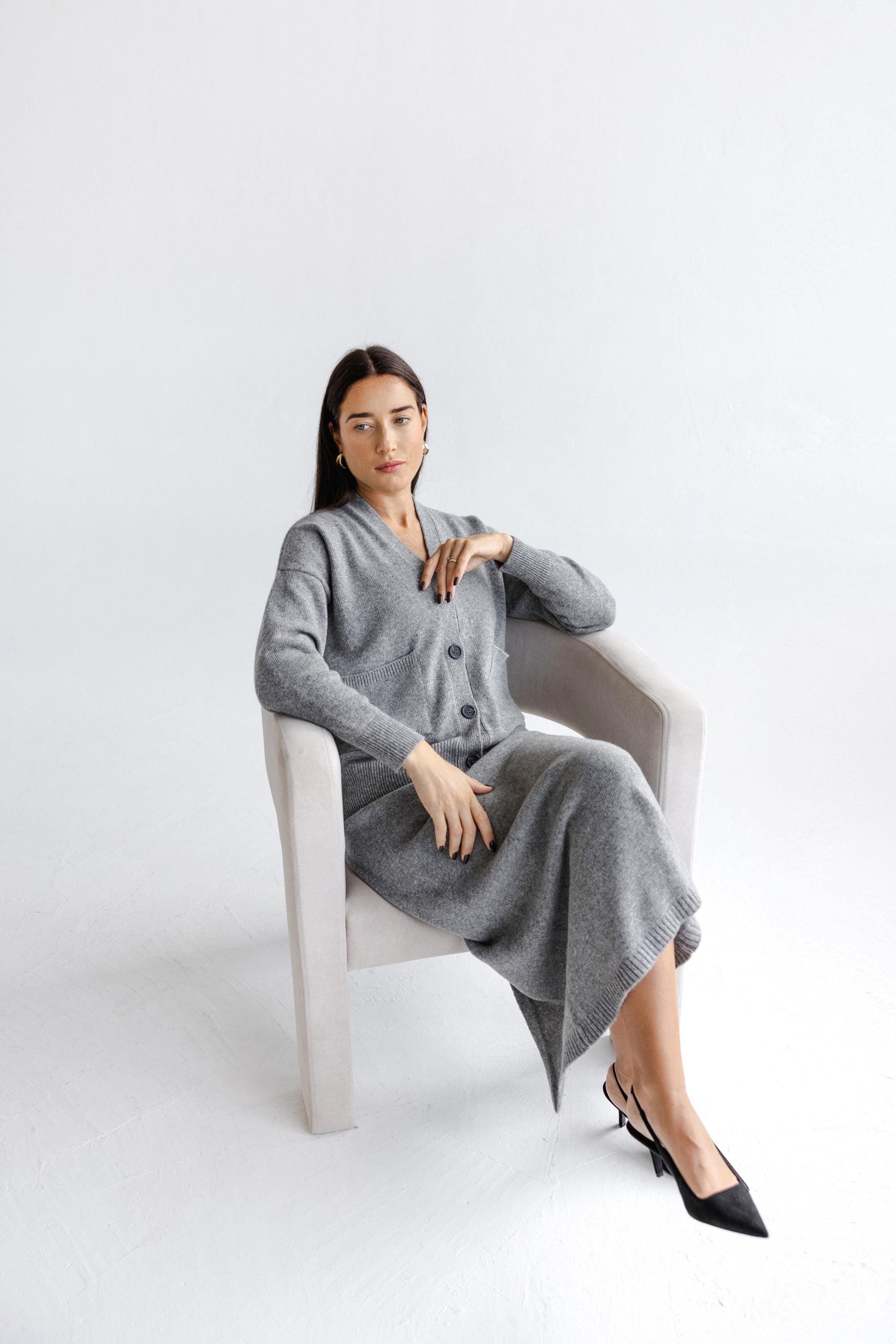 Gray Knitted Merino Wool Cardigan With Buttons And Pockets, Grey Knit Buttoned Woolen Sweater For Women, V-neck Slightly Oversized Sweater