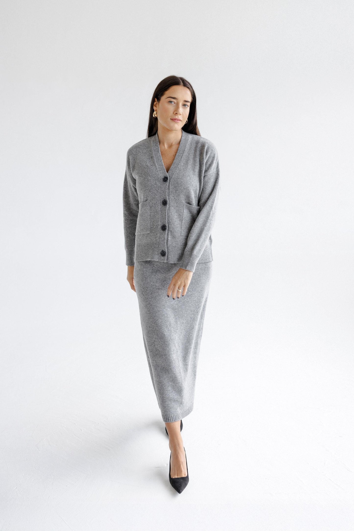 Gray Knitted Merino Wool Cardigan With Buttons And Pockets, Grey Knit Buttoned Woolen Sweater For Women, V-neck Slightly Oversized Sweater