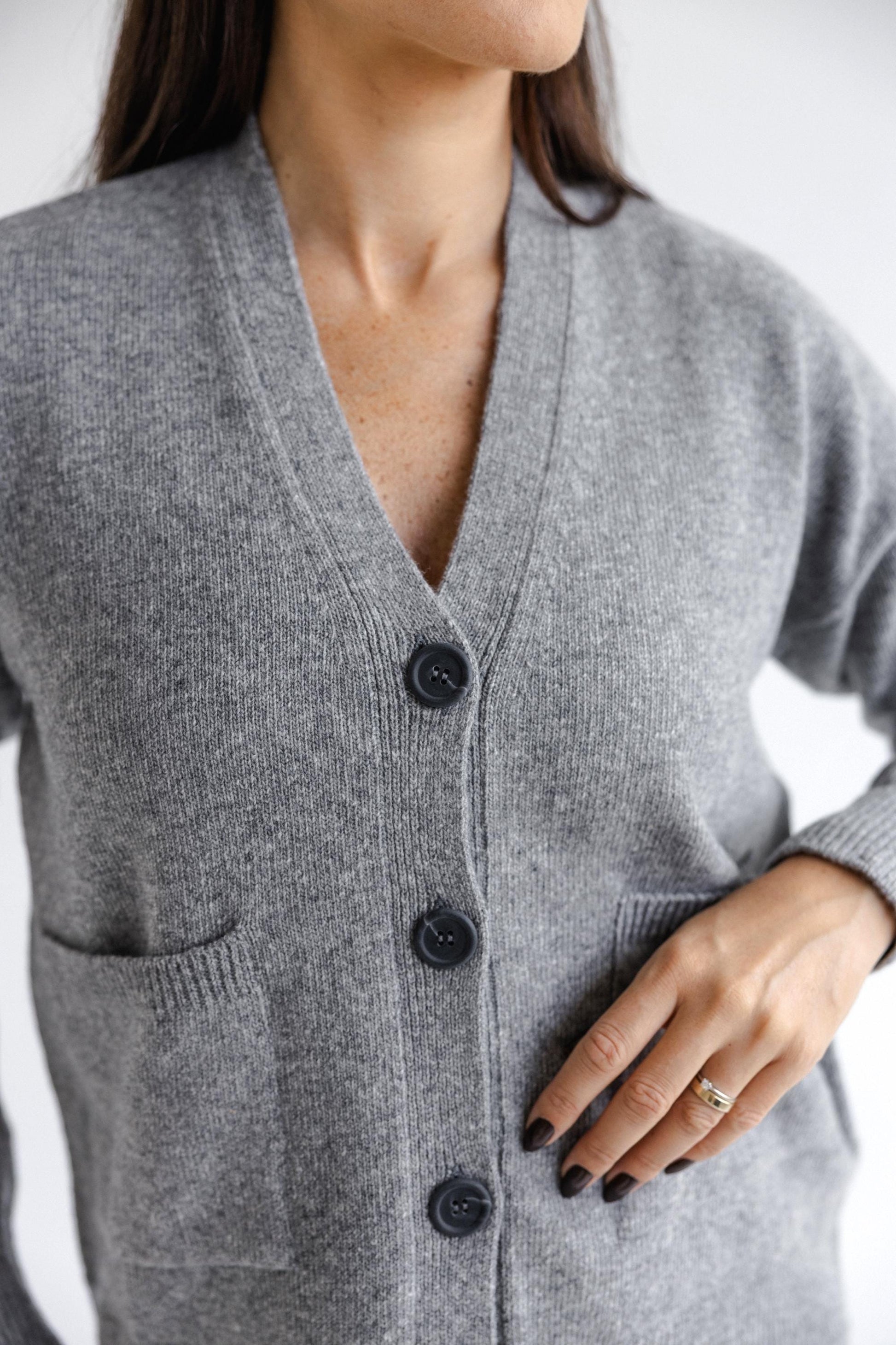 Gray Knitted Merino Wool Cardigan With Buttons And Pockets, Grey Knit Buttoned Woolen Sweater For Women, V-neck Slightly Oversized Sweater