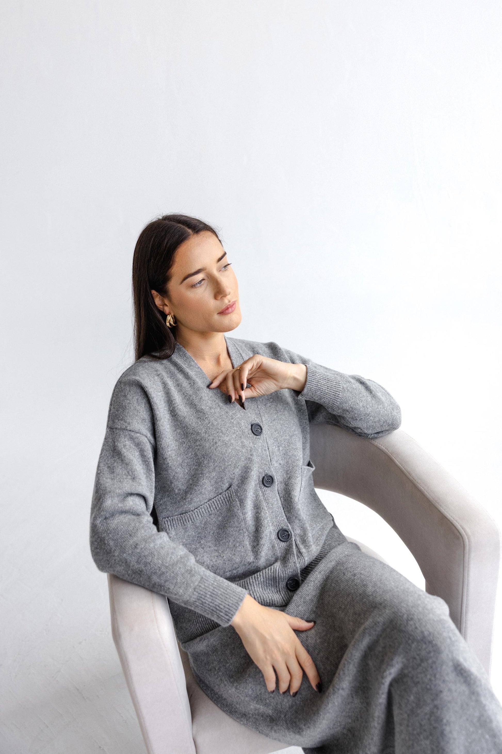 Gray Knitted Merino Wool Cardigan With Buttons And Pockets, Grey Knit Buttoned Woolen Sweater For Women, V-neck Slightly Oversized Sweater