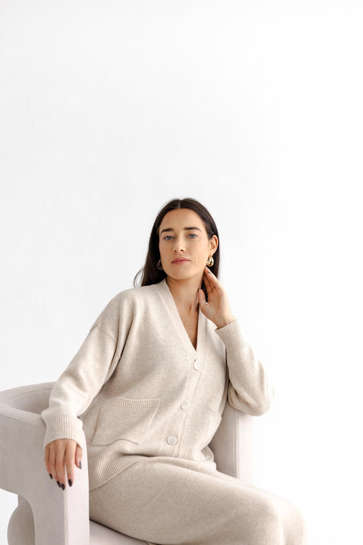 Gray Knitted Merino Wool Cardigan With Buttons And Pockets, Grey Knit Buttoned Woolen Sweater For Women, V-neck Slightly Oversized Sweater