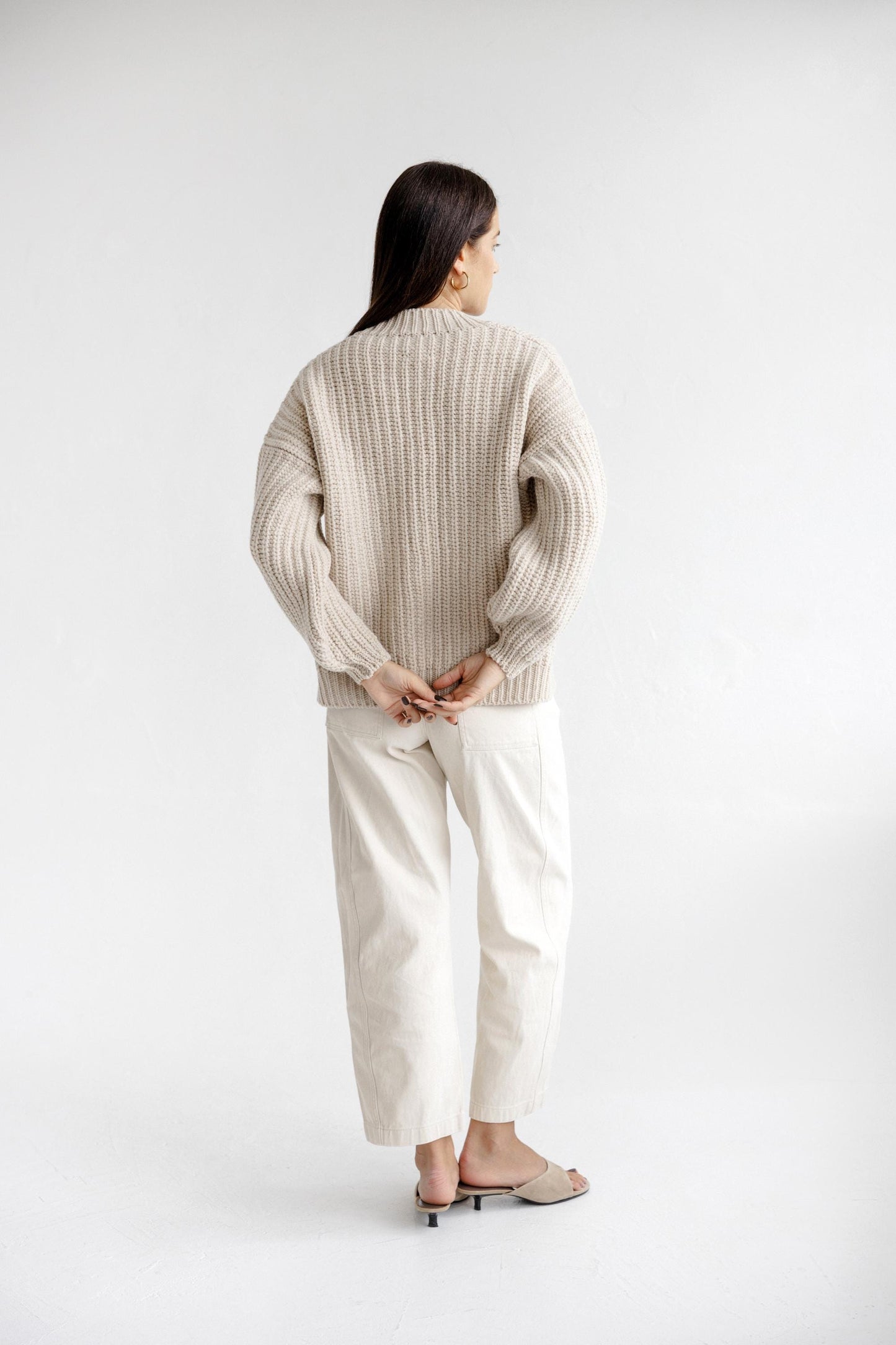 Chunky Knitted Beige Merino Wool Women's Cardigan, Taupe Open Front Cable Knit Woolen Sweater For Women, Nude Minimal Ribbed Bomber Jacket