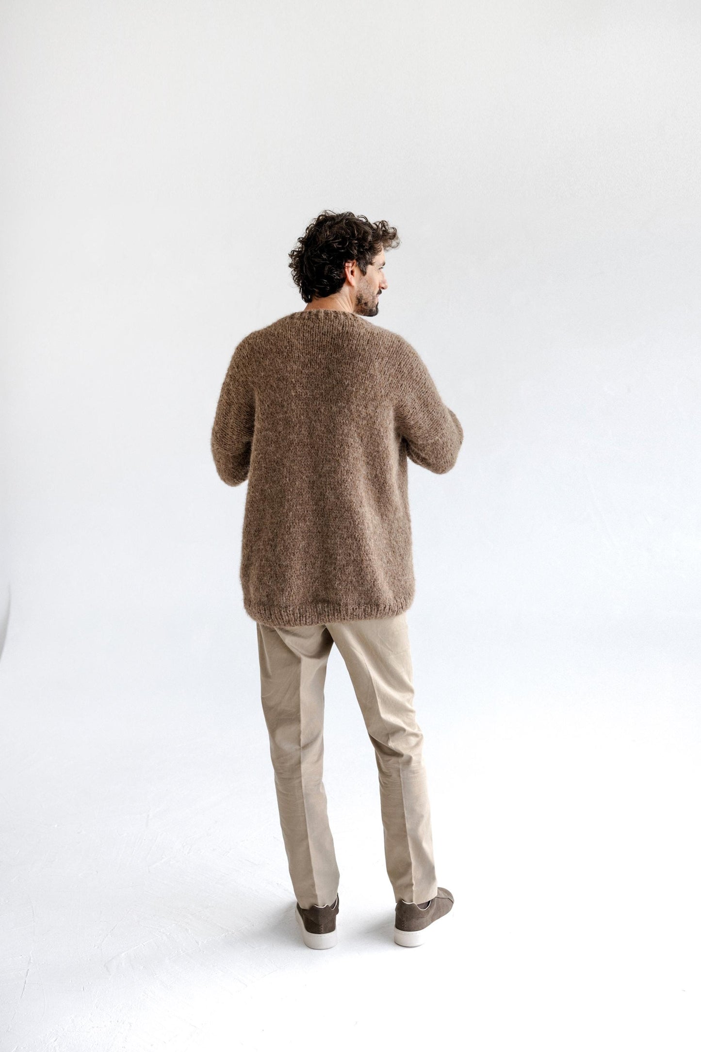 Men's Knitted Beige Alpaca Wool Cardigan, Light Brown Knit Sweater For Man, Handmade Almond Jacket With Buttons And Pockets, Taupe Sweater