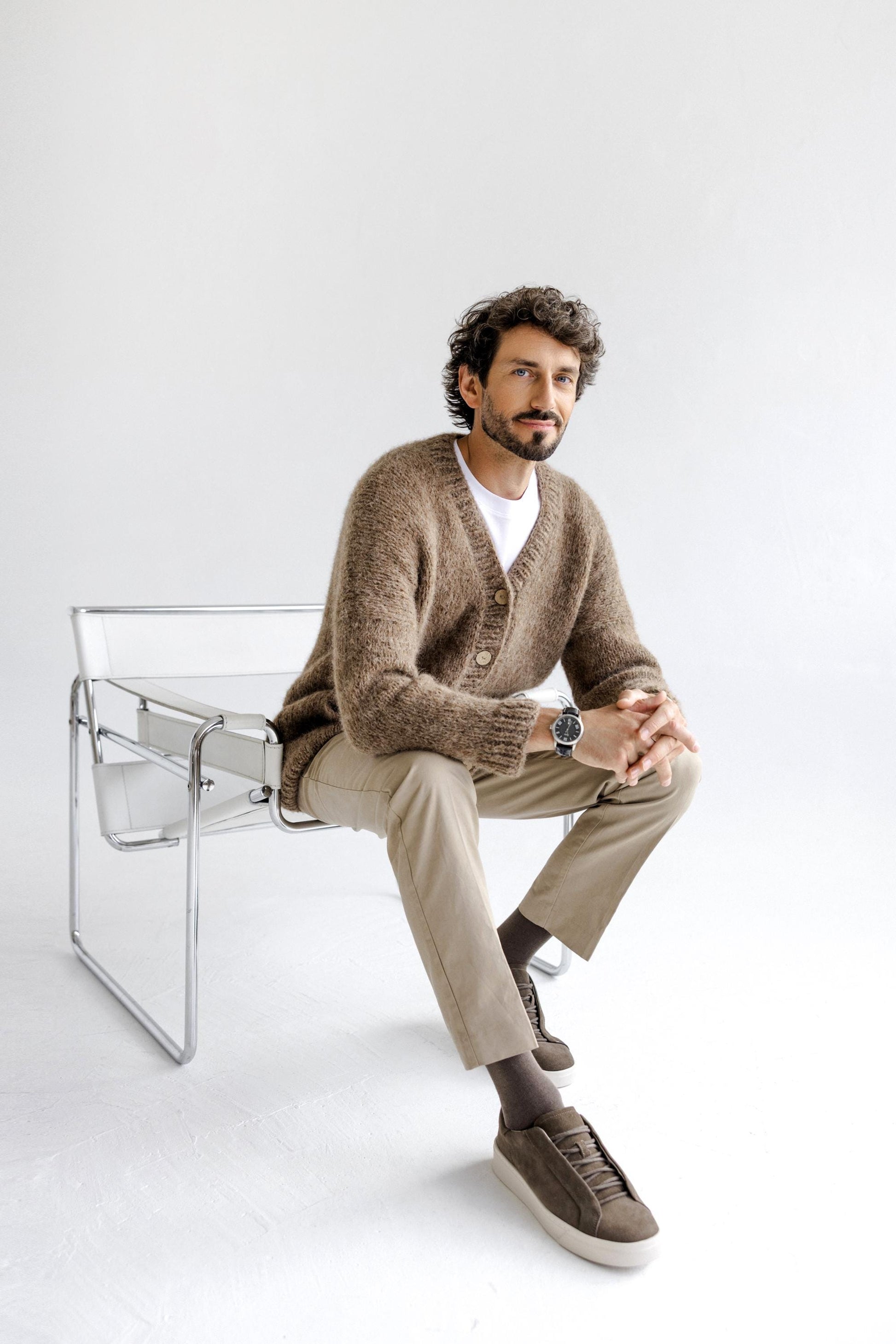 Men's Knitted Beige Alpaca Wool Cardigan, Light Brown Knit Sweater For Man, Handmade Almond Jacket With Buttons And Pockets, Taupe Sweater