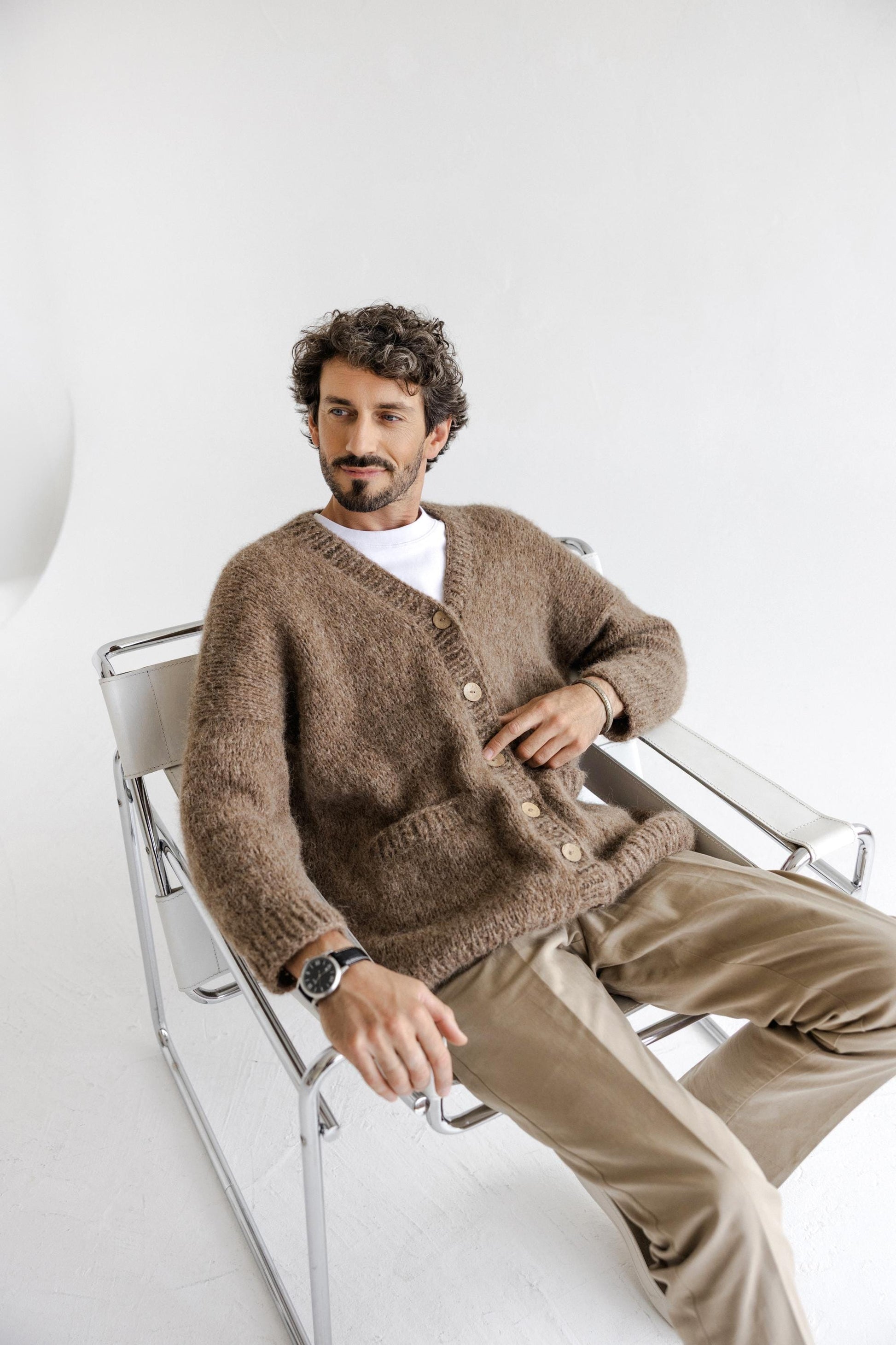 Men's Knitted Beige Alpaca Wool Cardigan, Light Brown Knit Sweater For Man, Handmade Almond Jacket With Buttons And Pockets, Taupe Sweater