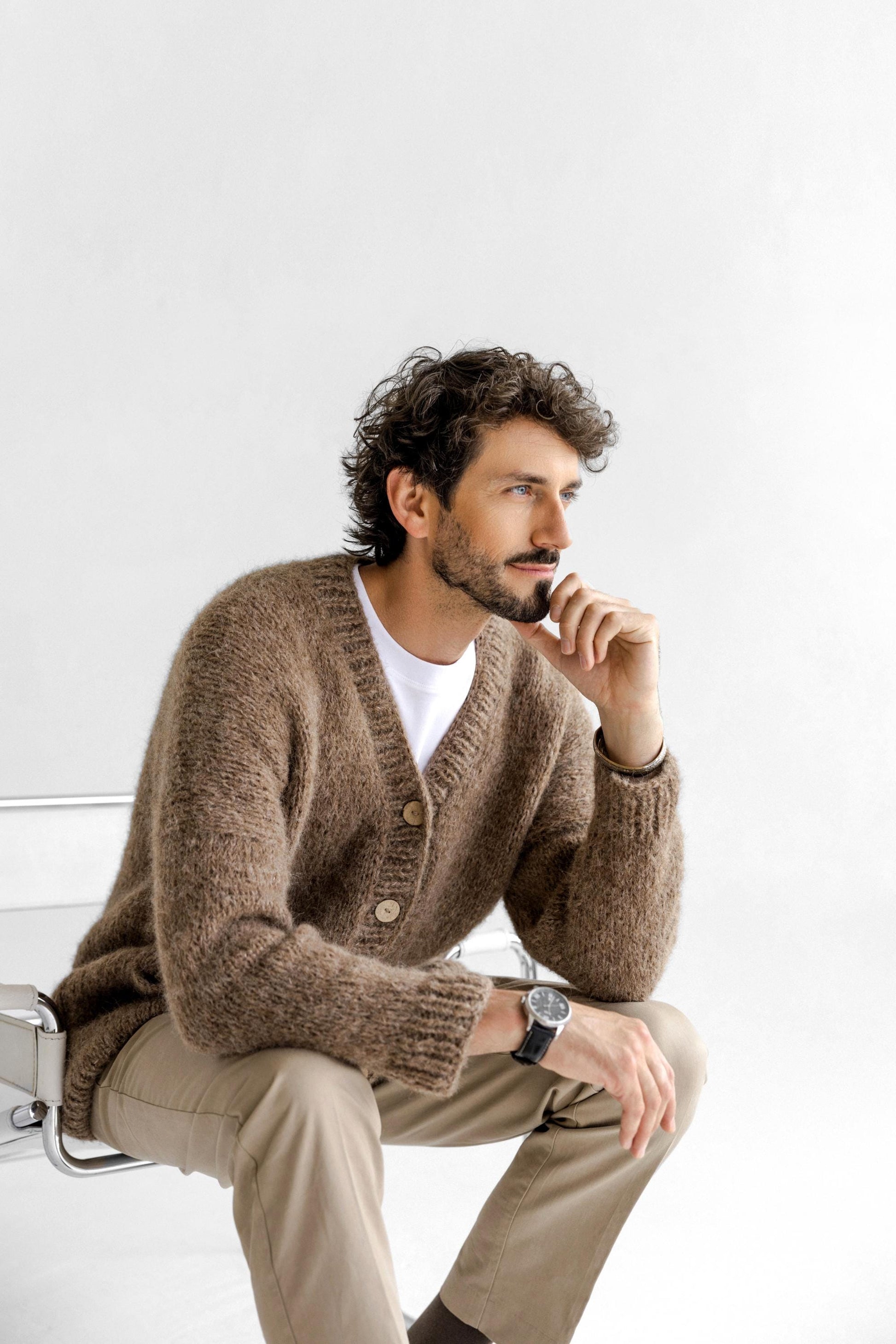 Men's Knitted Beige Alpaca Wool Cardigan, Light Brown Knit Sweater For Man, Handmade Almond Jacket With Buttons And Pockets, Taupe Sweater
