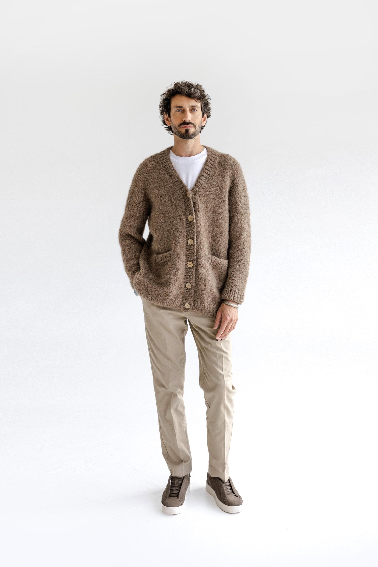 Men's Knitted Beige Alpaca Wool Cardigan