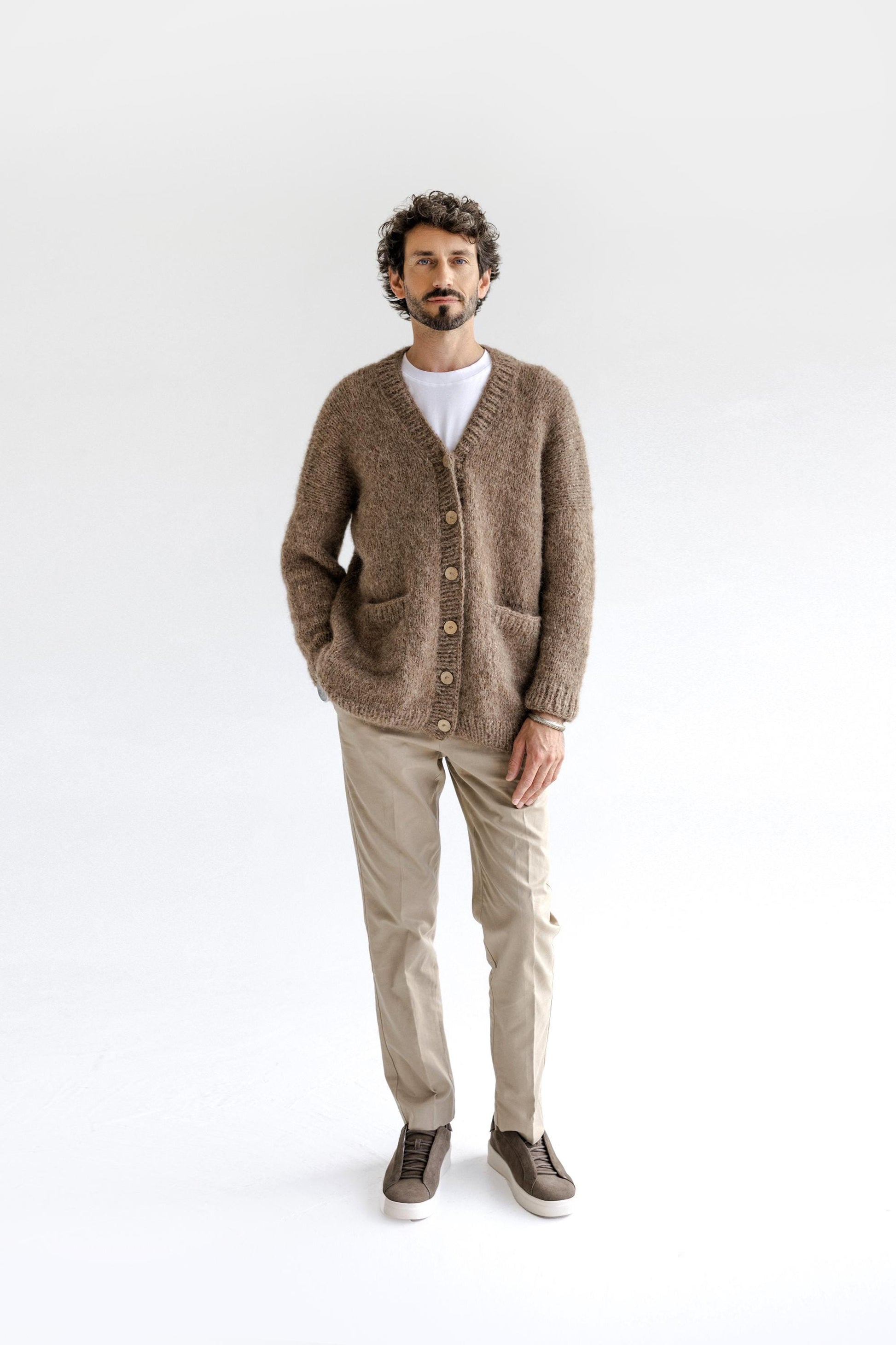 Men's Knitted Beige Alpaca Wool Cardigan, Light Brown Knit Sweater For Man, Handmade Almond Jacket With Buttons And Pockets, Taupe Sweater