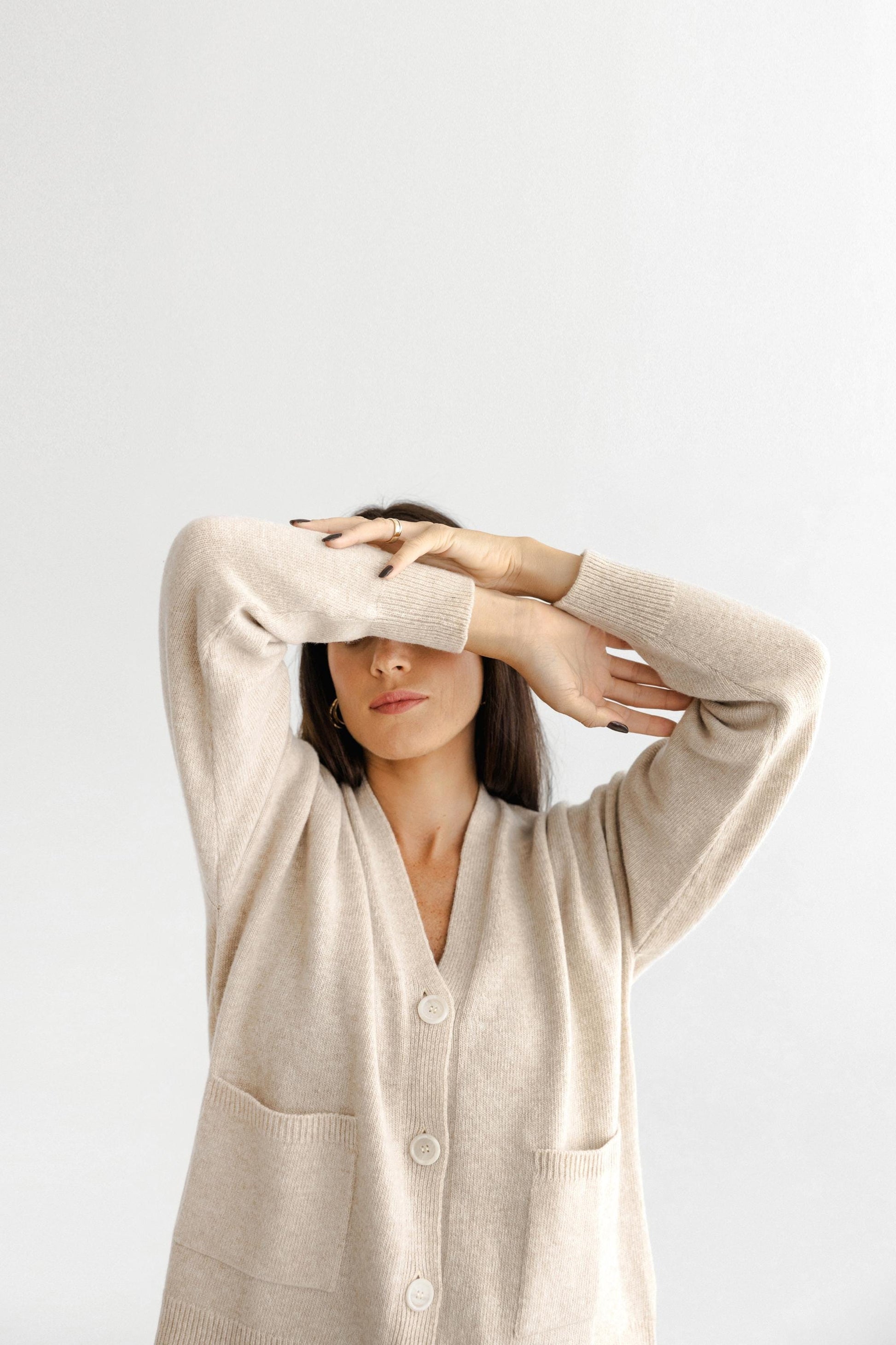 Camel Knitted Merino Wool Cardigan With Buttons And Pockets, Beige Knit Buttoned Woolen Sweater For Women, V-neck Slightly Oversized Sweater