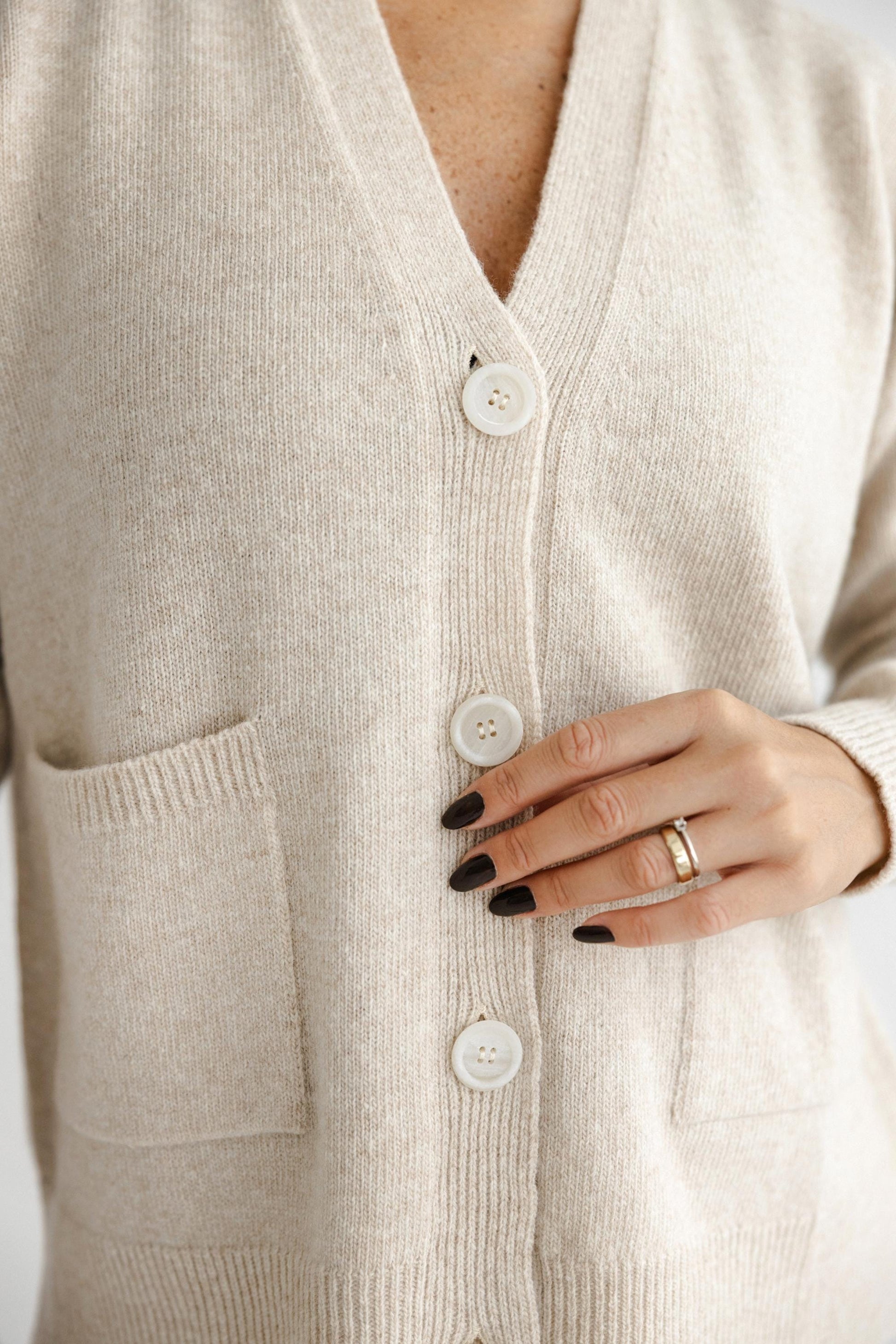 Camel Knitted Merino Wool Cardigan With Buttons And Pockets, Beige Knit Buttoned Woolen Sweater For Women, V-neck Slightly Oversized Sweater