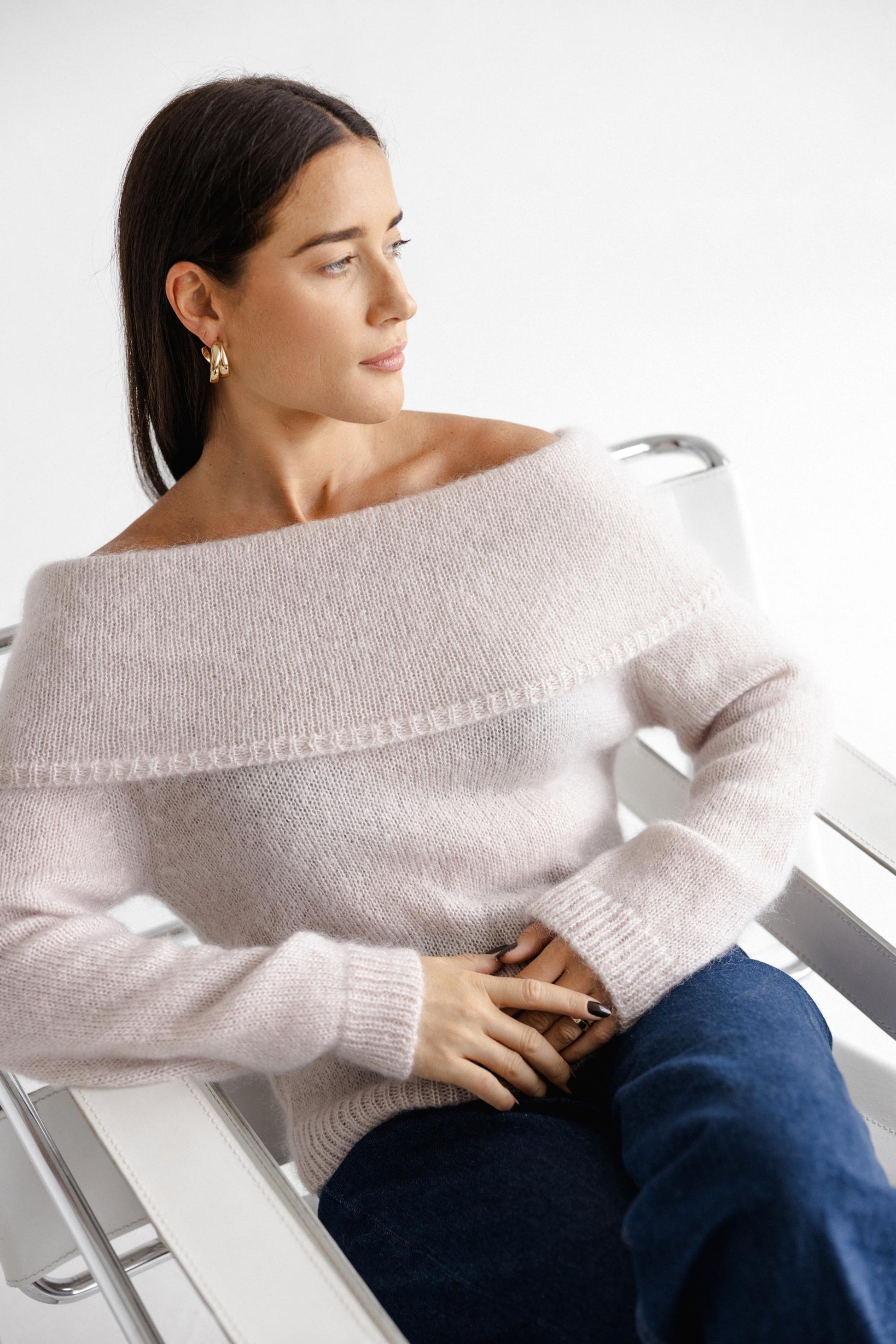 Pink Cable Knit Off-Shoulder Sweater Slouchy Fold-Over Bardot Jumper, Fluffy Mohair Wool Pullover, Pastel Chunky Fuzzy Knit for Women