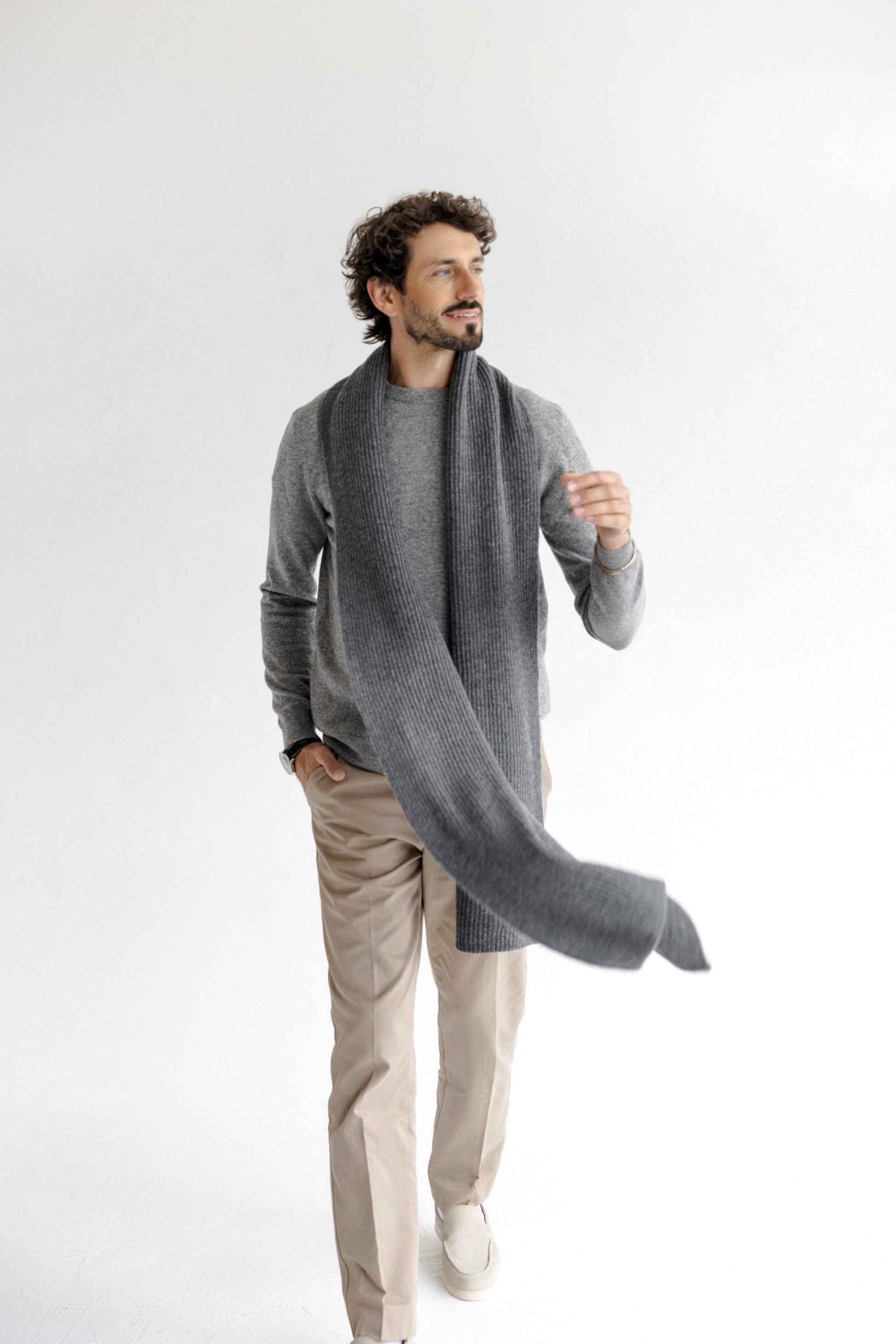 Beige XXL Extra Long Ribbed Knit Merino Wool Winter Scarf For Man, Camel Knitted Minimal Fall Men's Neck Warmer, Taupe Scarves, Gift For Him
