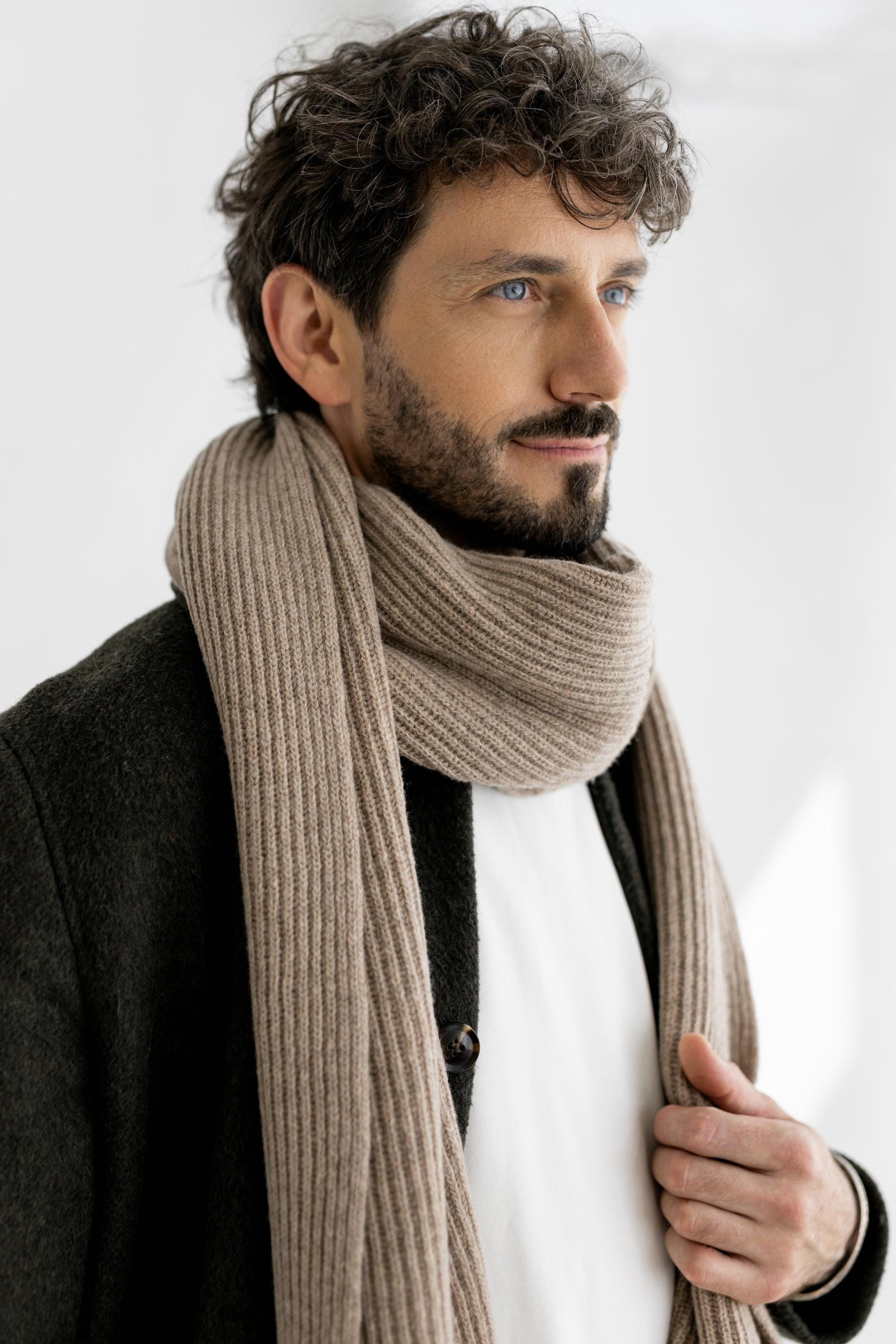 Beige XXL Extra Long Ribbed Knit Merino Wool Winter Scarf For Man, Camel Knitted Minimal Fall Men's Neck Warmer, Taupe Scarves, Gift For Him