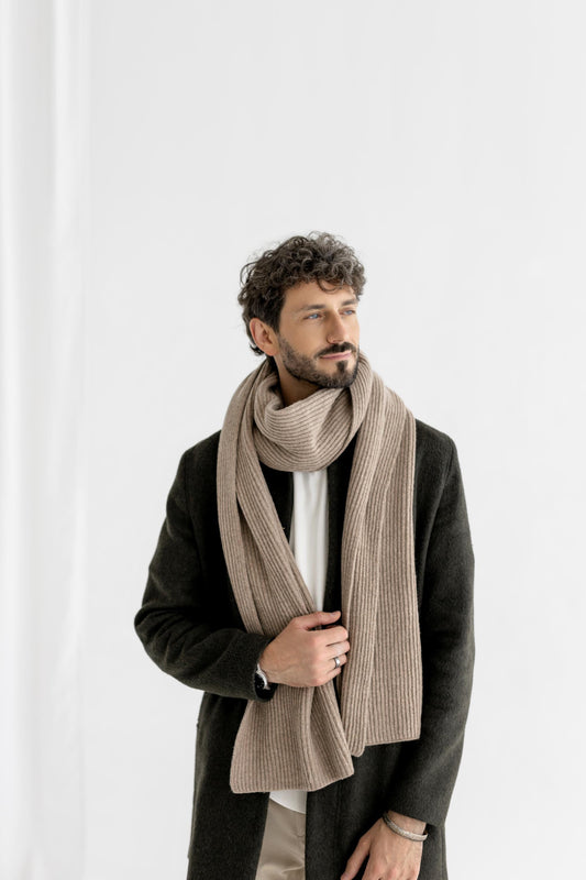 Beige XXL Extra Long Ribbed Knit Merino Wool Winter Scarf For Man, Camel Knitted Minimal Fall Men's Neck Warmer, Taupe Scarves, Gift For Him