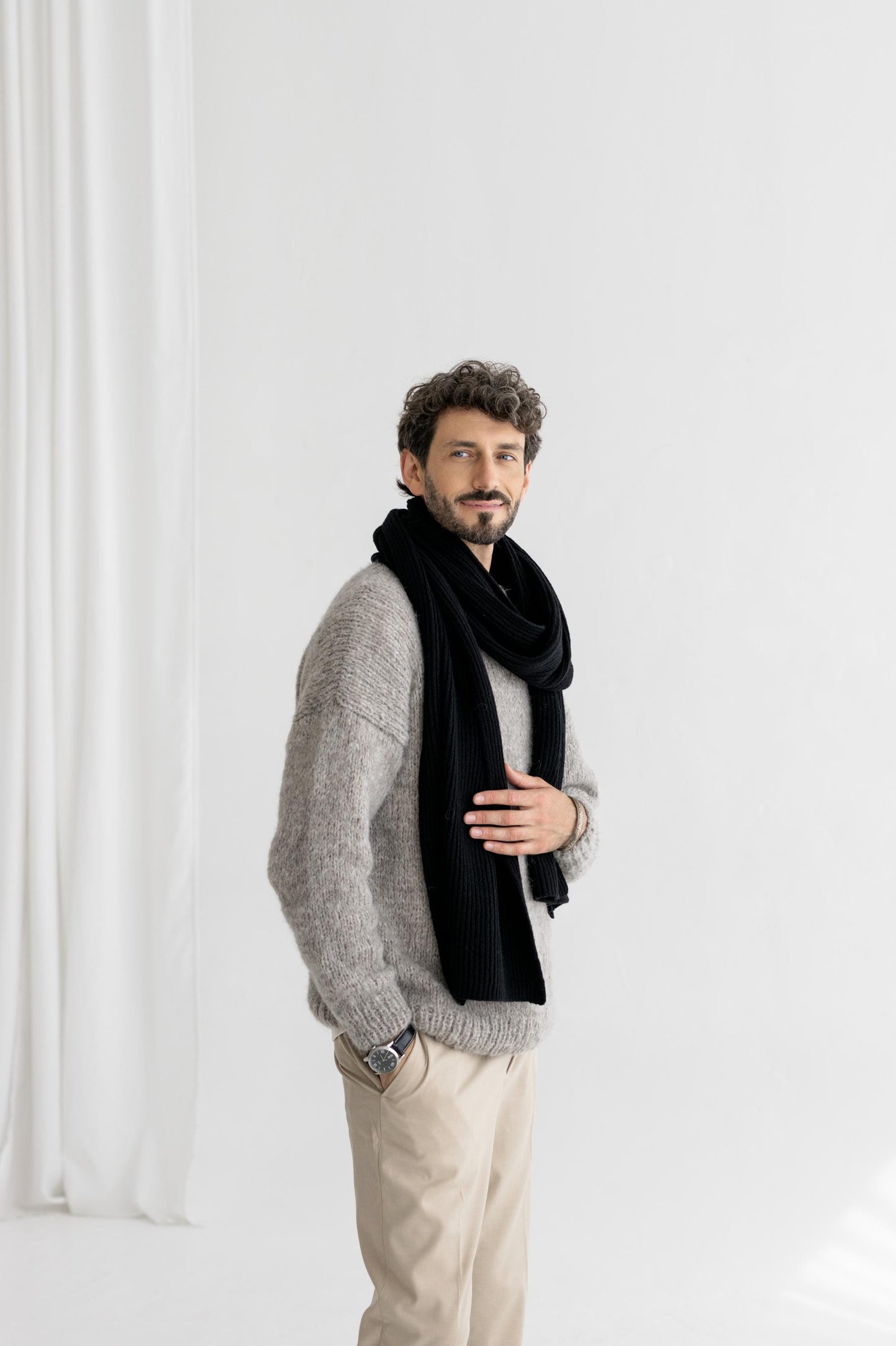 Black XXL Extra Long Ribbed Knit Merino Wool Winter Scarf For Man, Knitted Minimal Fall Men's Scarves, Warm Gift For Him, Christmas,Birthday