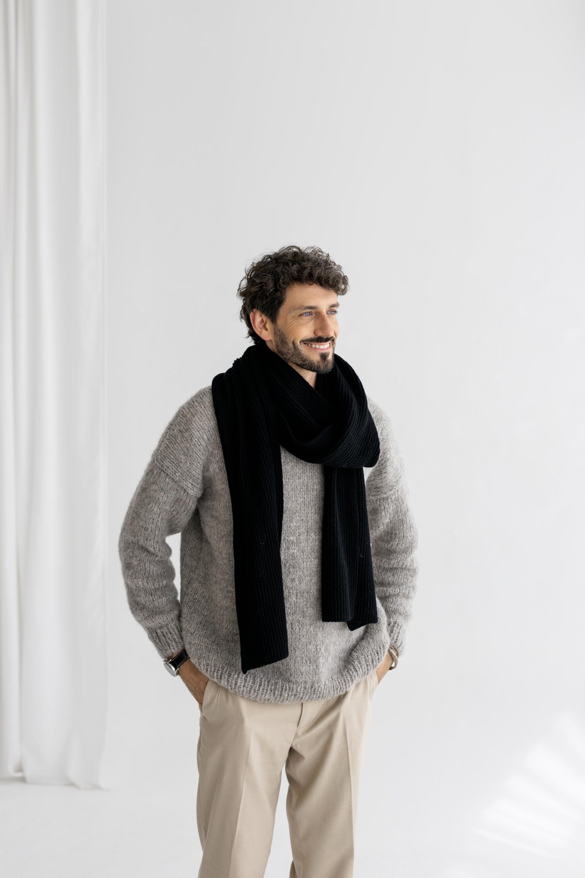 Black XXL Extra Long Ribbed Knit Merino Wool Winter Scarf For Man, Knitted Minimal Fall Men's Scarves, Warm Gift For Him, Christmas,Birthday