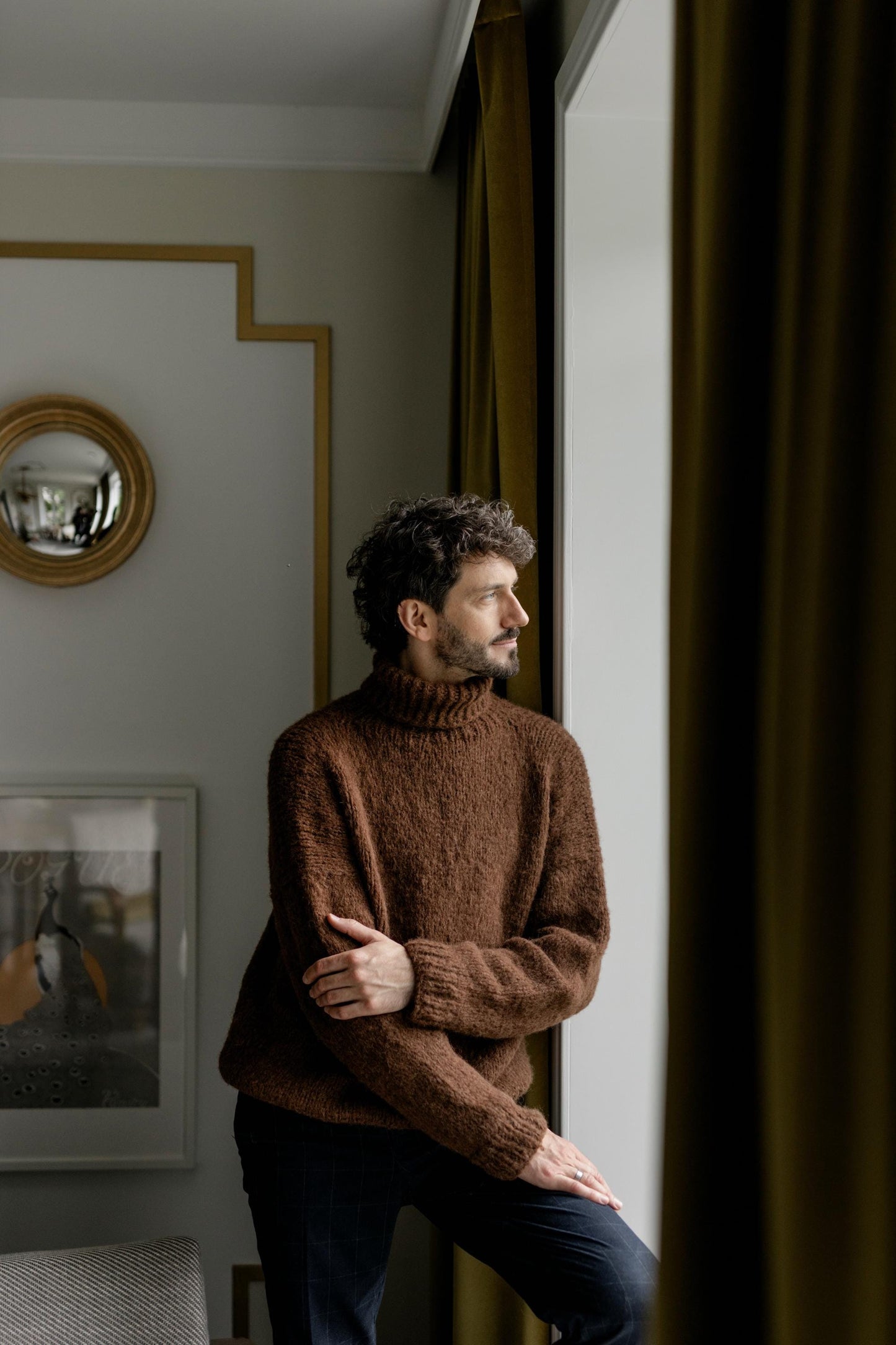 Chunky knit brown alpaca wool turtleneck sweater for men, cable knitted woolen men's polo neck jumper,handmade thick high roll-neck pullover