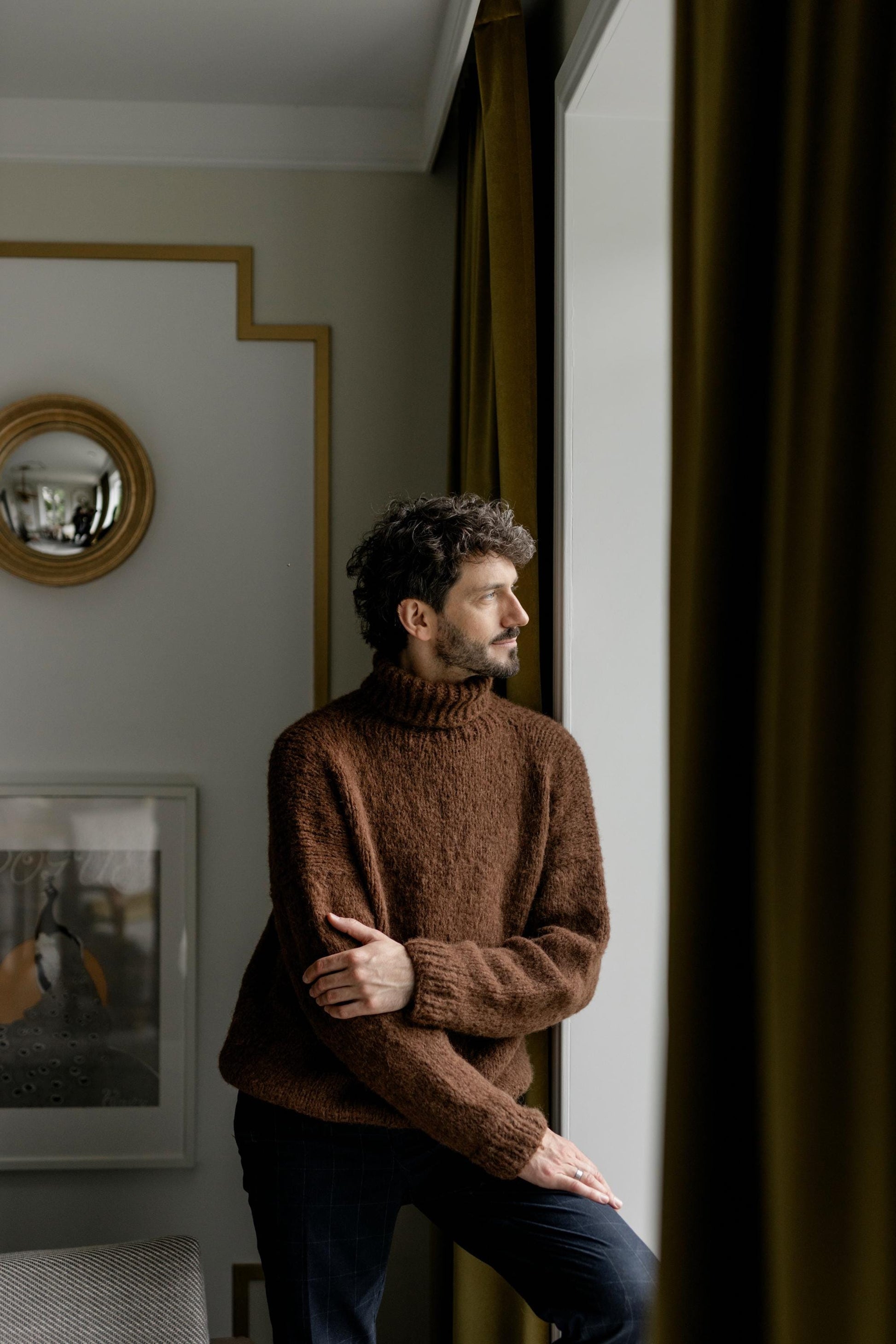 Chunky knit brown alpaca wool turtleneck sweater for men, cable knitted woolen men's polo neck jumper,handmade thick high roll-neck pullover