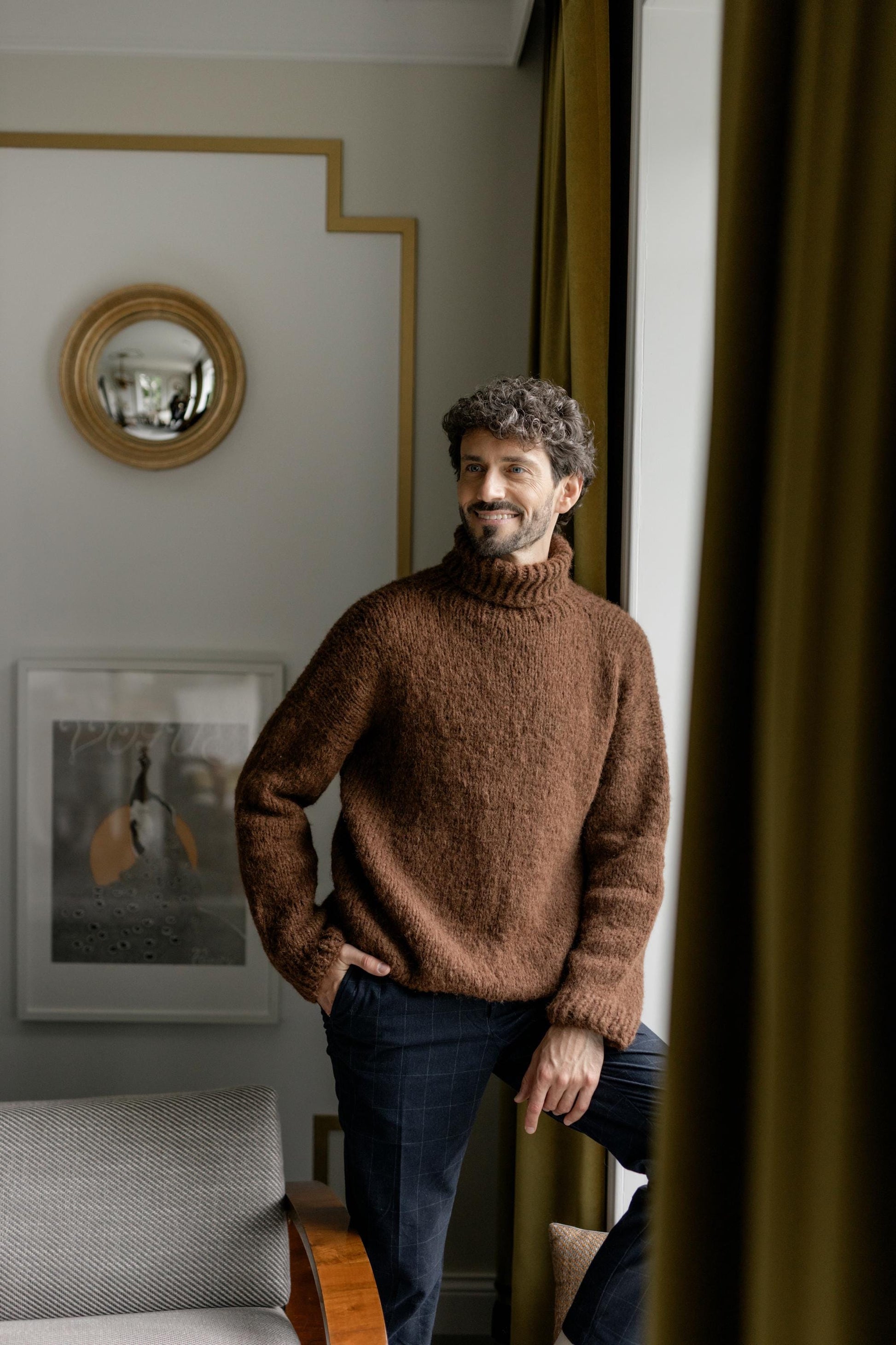 Chunky knit brown alpaca wool turtleneck sweater for men, cable knitted woolen men's polo neck jumper,handmade thick high roll-neck pullover