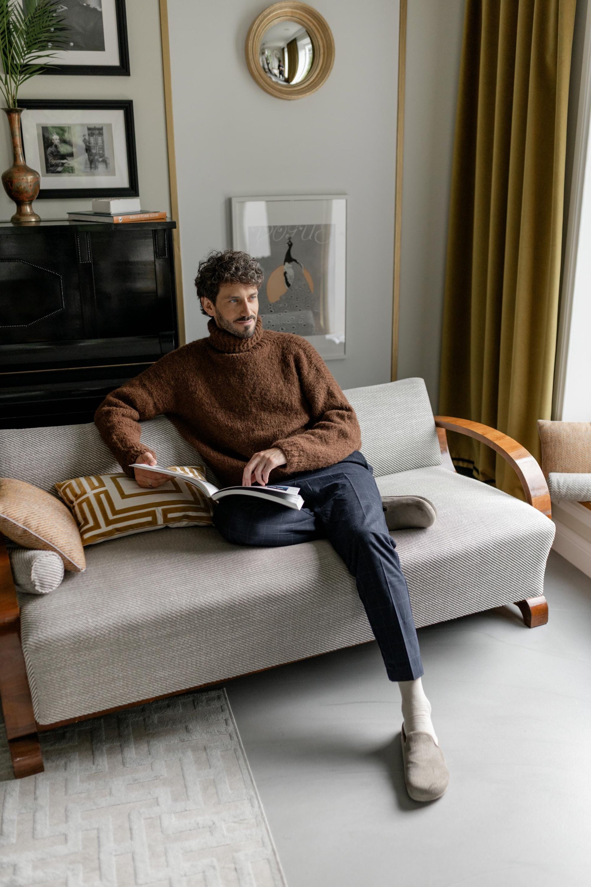 Chunky knit brown alpaca wool turtleneck sweater for men, cable knitted woolen men's polo neck jumper,handmade thick high roll-neck pullover