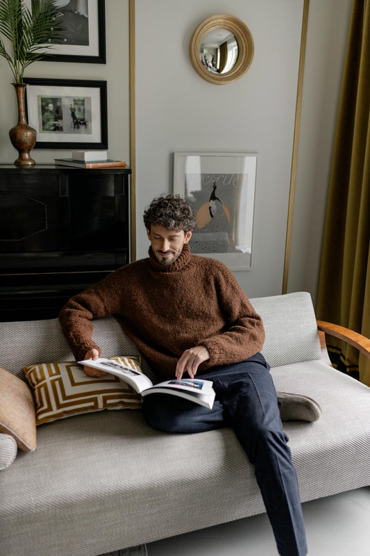 Chunky knit brown alpaca wool turtleneck sweater for men, cable knitted woolen men's polo neck jumper,handmade thick high roll-neck pullover