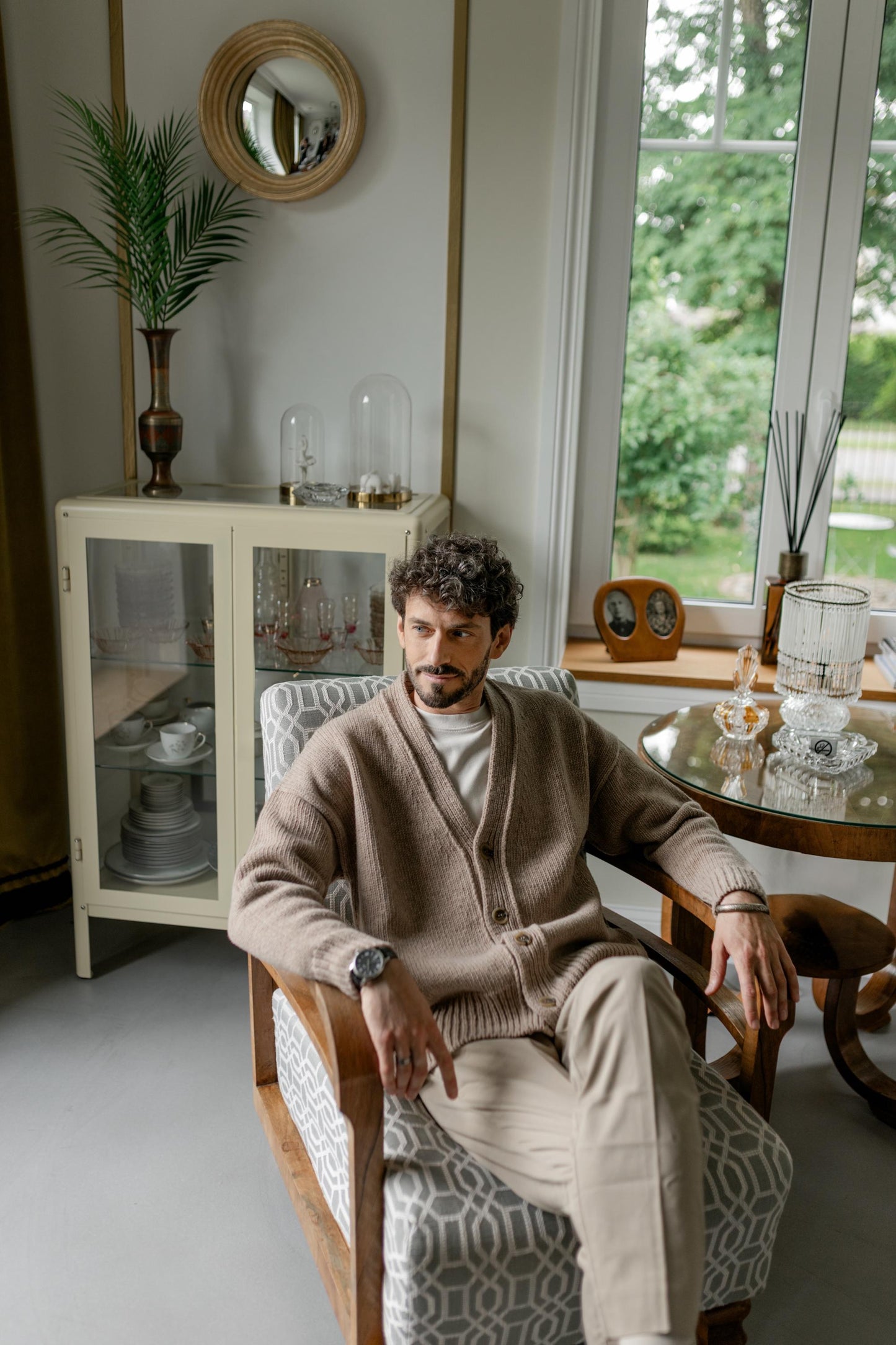 Beige Merino Wool Cardigan With Buttons And Pockets For Man