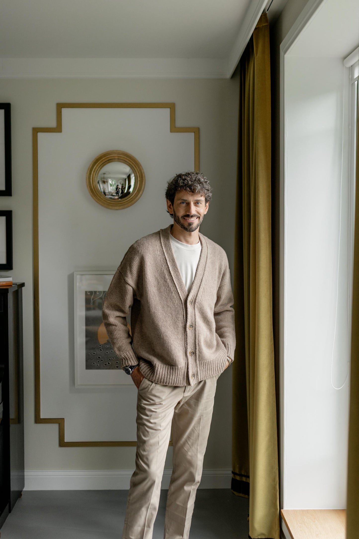 Beige Cgunky Knit Merino Wool Cardigan With Buttons And Pockets For Man, Camel Cable Knitted Scandinavian Style Men's Sweater, Gift For Him