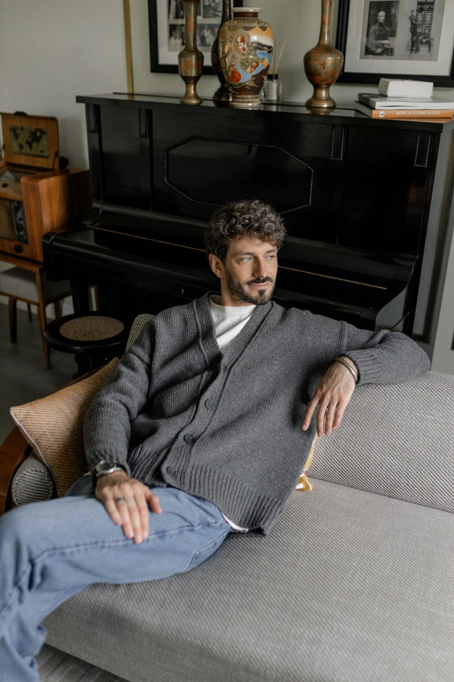 Beige Merino Wool Cardigan With Buttons And Pockets For Man