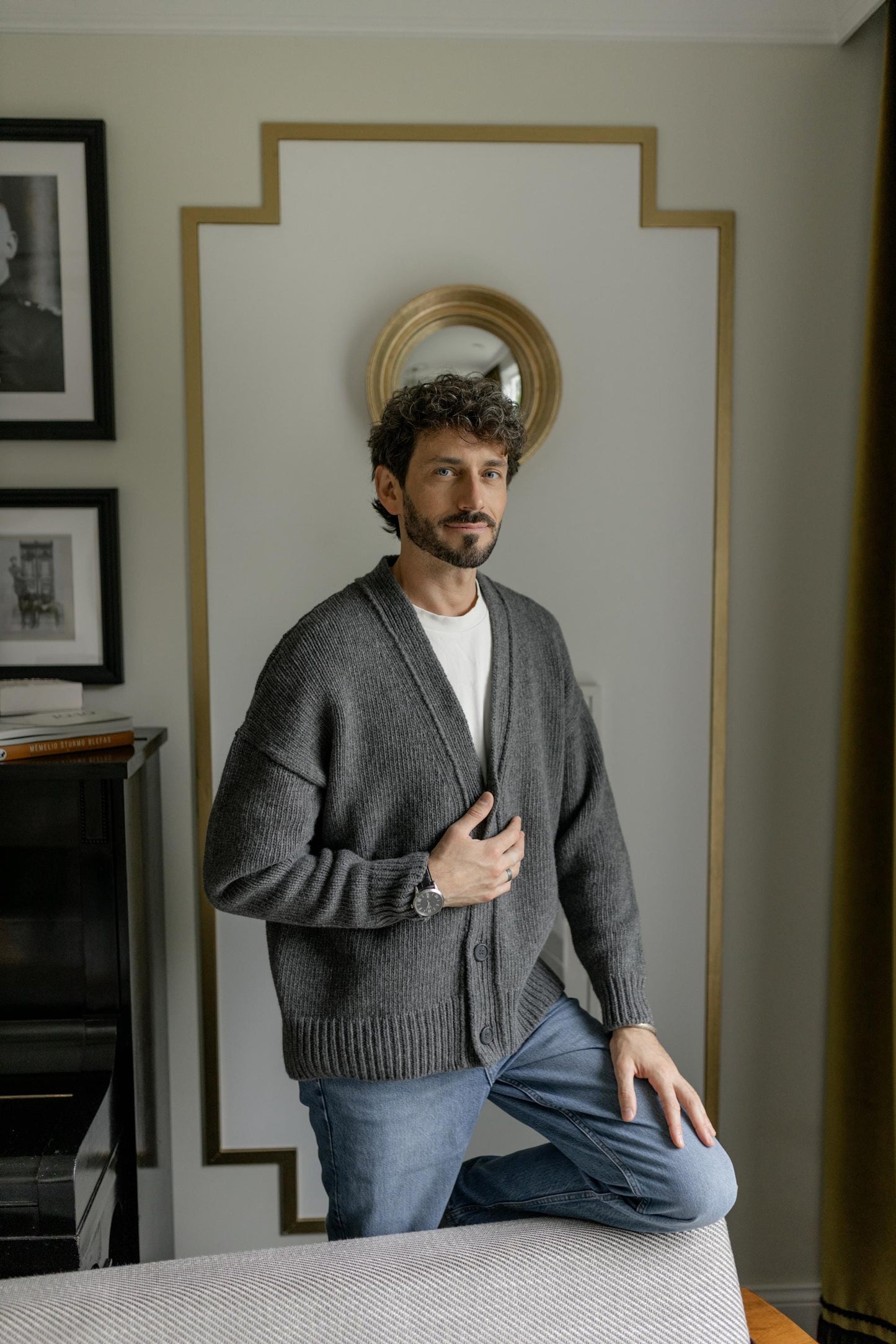 Gray Cgunky Knit Merino Wool Cardigan With Buttons And Pockets For Man, Grey Cable Knitted Scandinavian Style Men's Sweater, Gift For Him