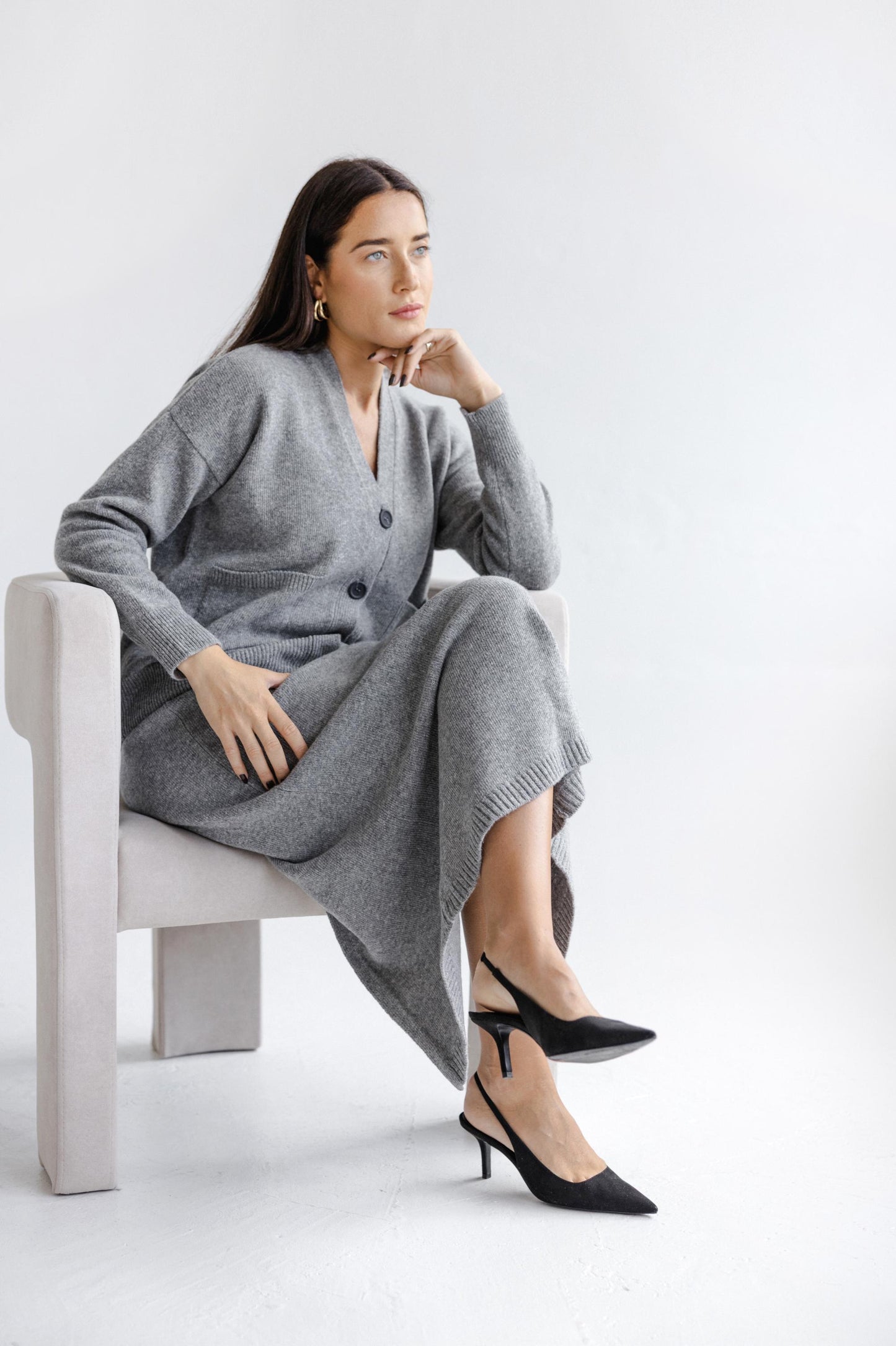 Gray Knitted Classic Style Merino Wool Long Pensil Skirt For Women