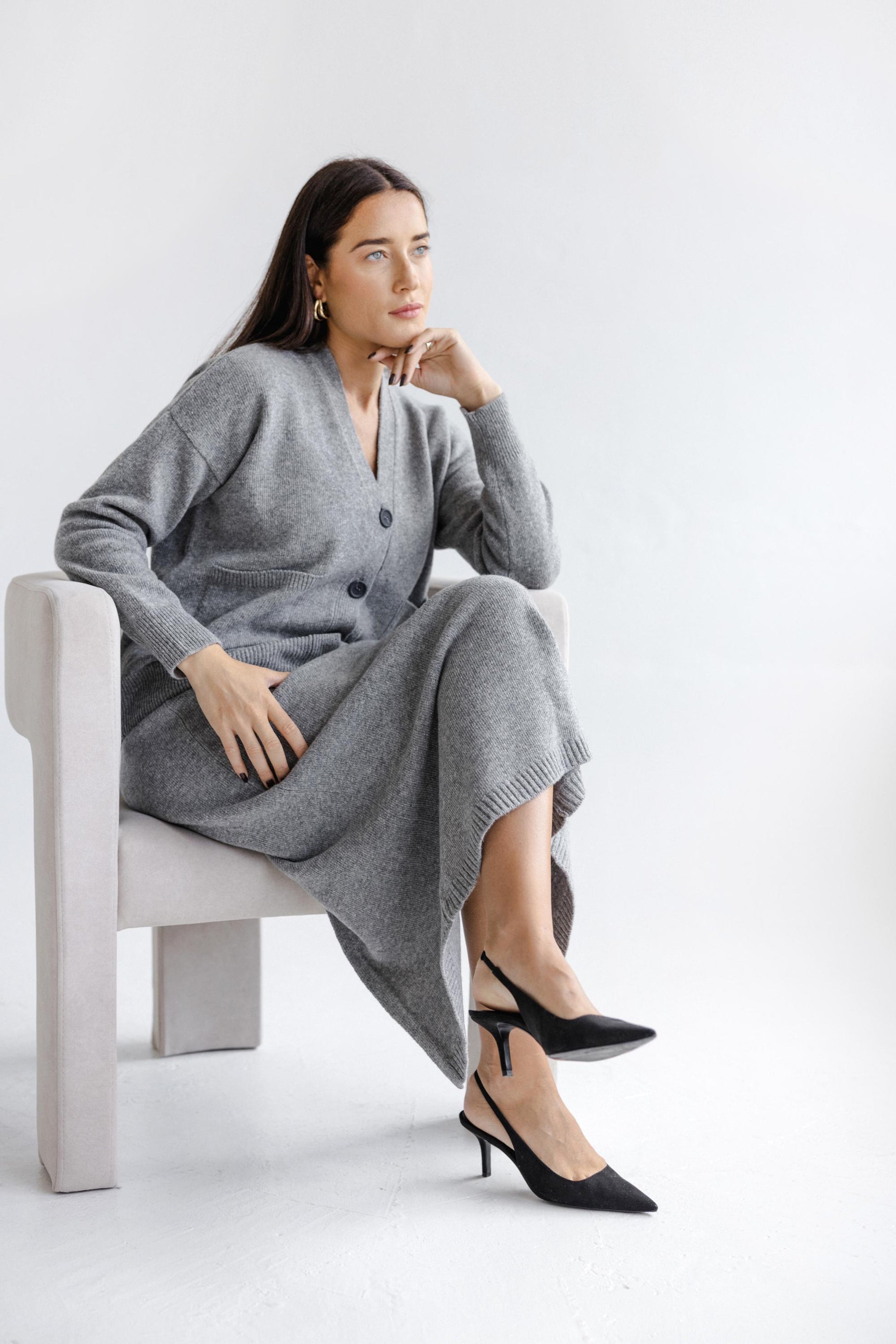 Gray Knitted Classic Style Merino Wool Long Pensil Skirt For Women