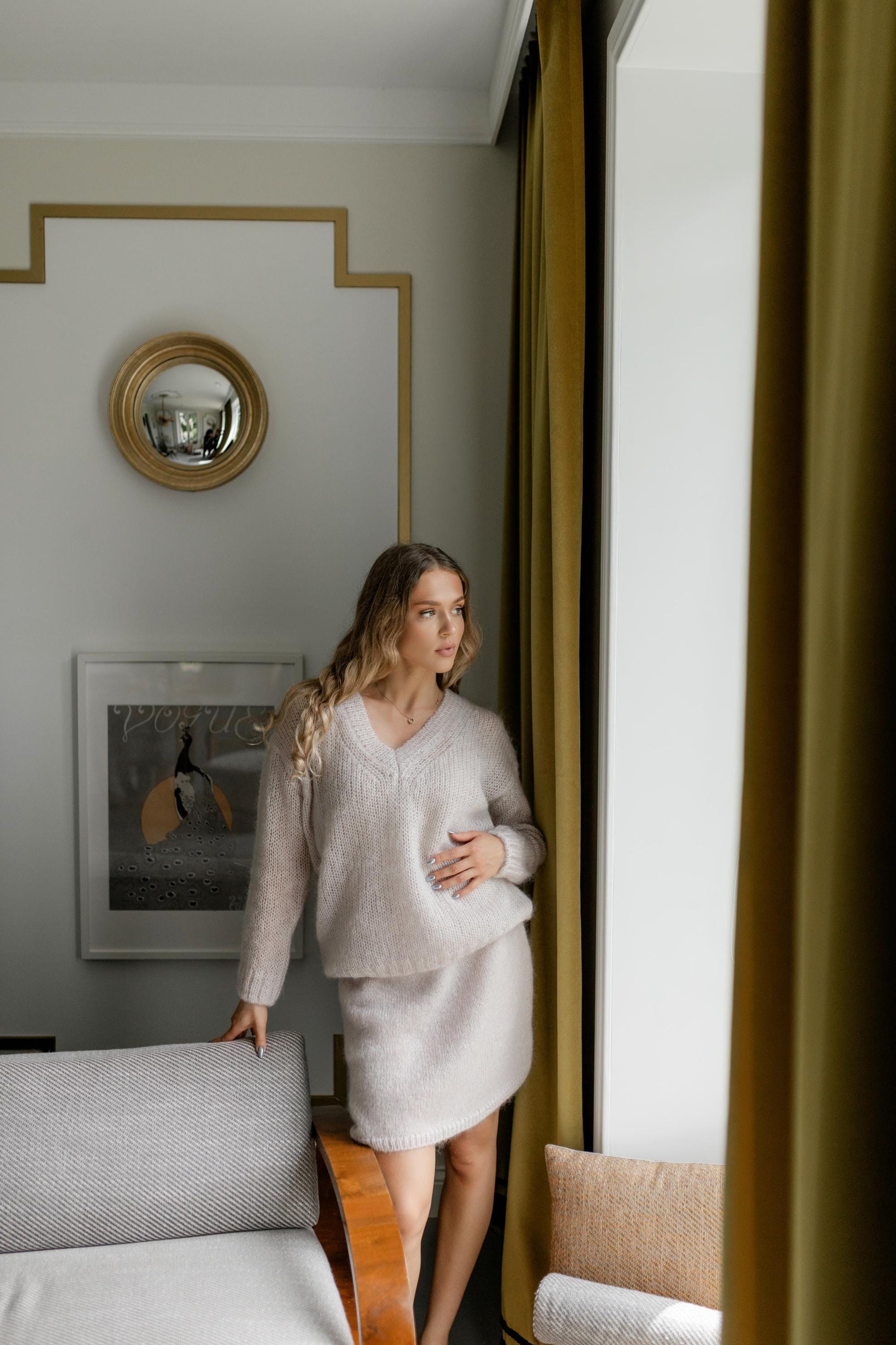 Pastel Pink Cable Knit Fluffy Mohair Wool Women's Sweater, Powder Shade Chunky Knitted V Neck Pullover, Nude Woolen Fuzzy Light Jumper Gift