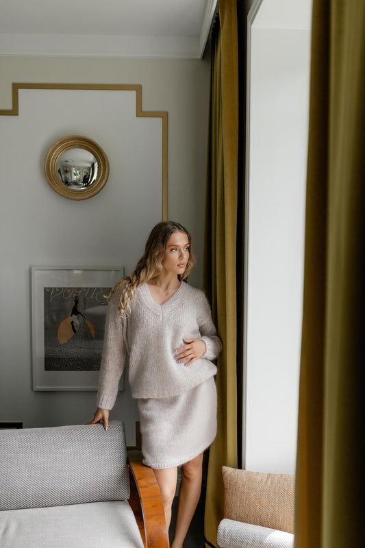 Pastel Pink Cable Knit Fluffy Mohair Wool Women's Sweater, Powder Shade Chunky Knitted V Neck Pullover, Nude Woolen Fuzzy Light Jumper Gift