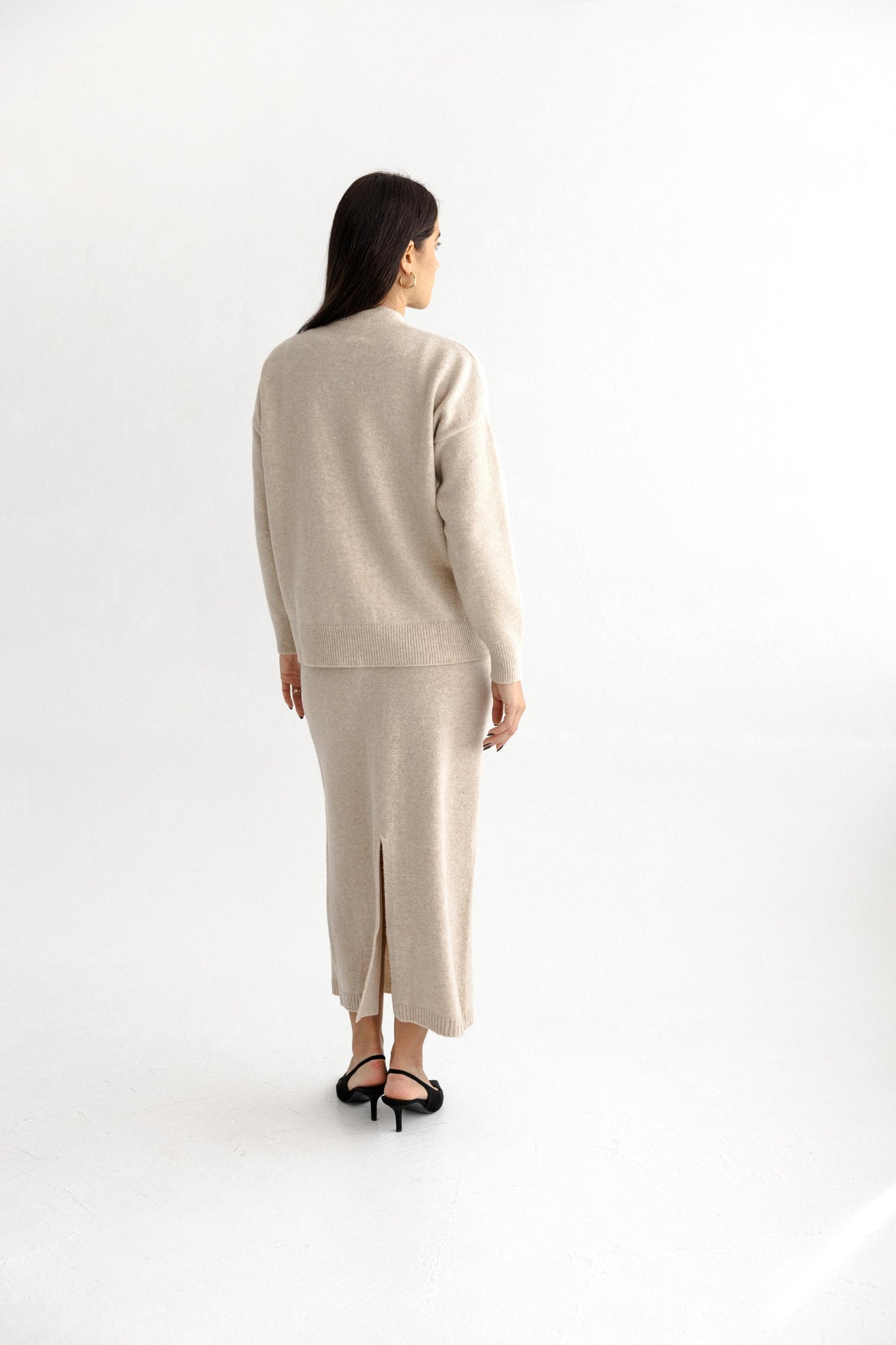 Beige Merino Wool Cardigan And Skirt Set